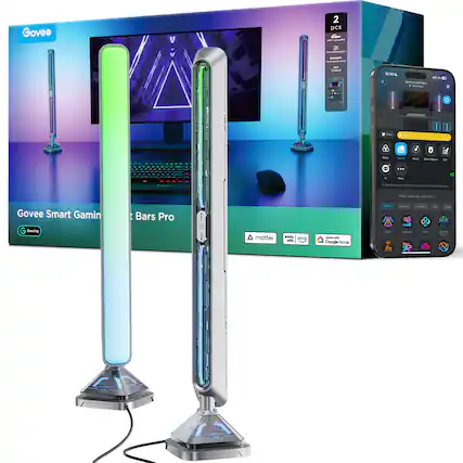 The text in the image is:
"2 pcs Govee Smart Gaming Bars Pro
Works with Google Home"
The corrected and grouped text is:
"2 pcs Govee Smart Gaming Bars Pro
Works with Google Home"