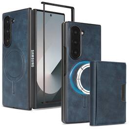 Dteck - 2-in-1 Magnetic Wallet Case for Samsung Galaxy Z Fold7, Shockproof PU Leather Cover with Detachable 7-Card Holder - Blue