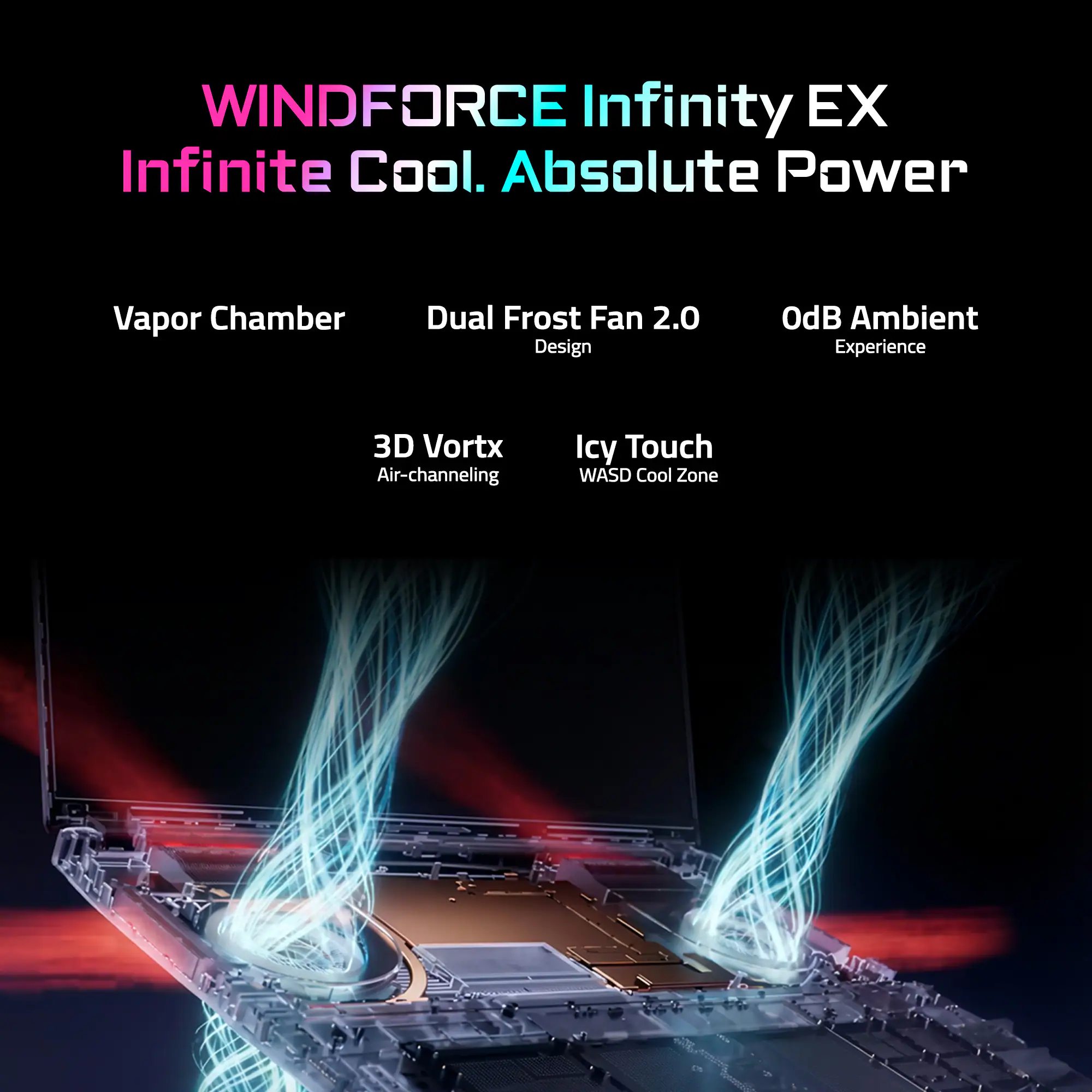 WINDFORCE Infinity EX  
Infinite Cool. Absolute Power

- Vapor Chamber
- Dual Frost Fan 2.0 Design
- OdB Ambient Experience
- 3D Vortex Air-channeling
- Icy Touch WASD Cool Zone
