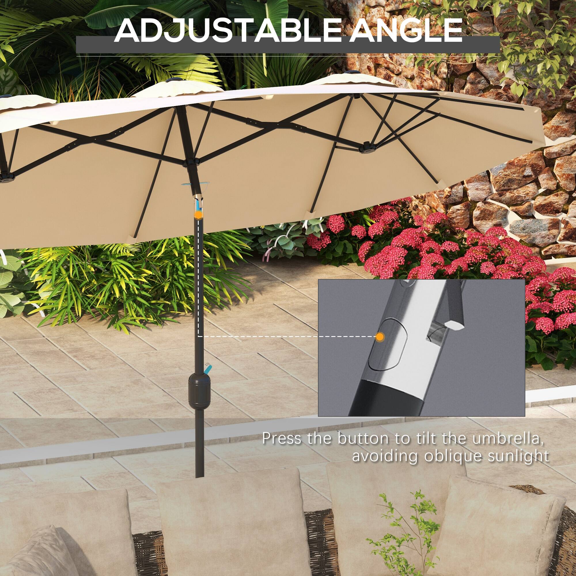 ADJUSTABLE ANGLE
Press the button to tilt the umbrella, avoiding oblique sunlight
