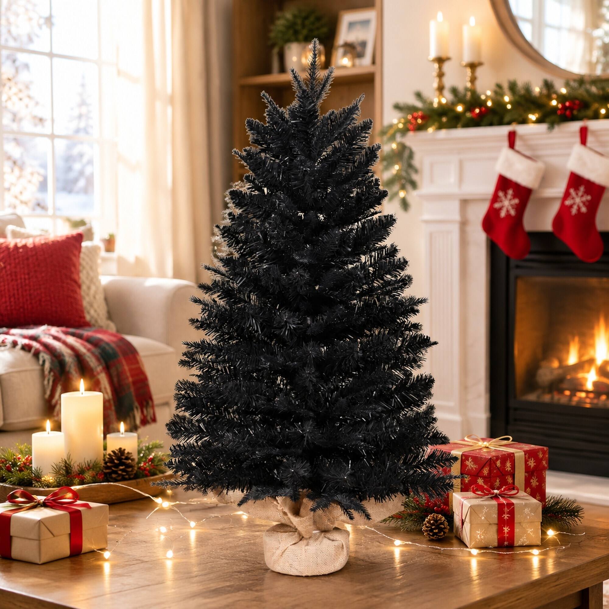 Angle. RYHNUYNE - 2FT Black Artificial Christmas Tree With 159 Tips and Cement Burlap Base, for Halloween and Christmas - Black.