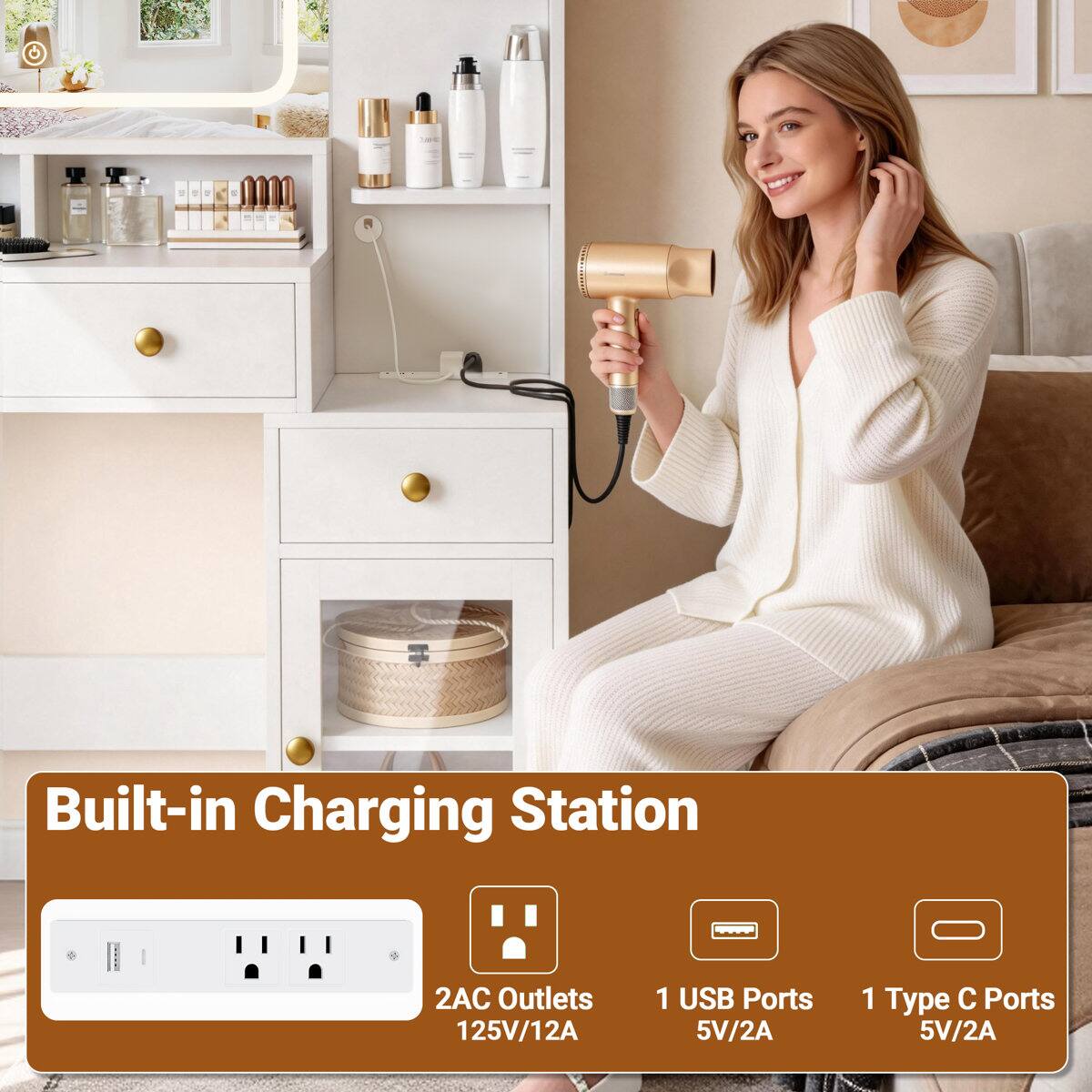 Built-in Charging Station  
2AC Outlets 125V/12A  
1 USB Ports 5V/2A  
1 Type C Ports 5V/2A