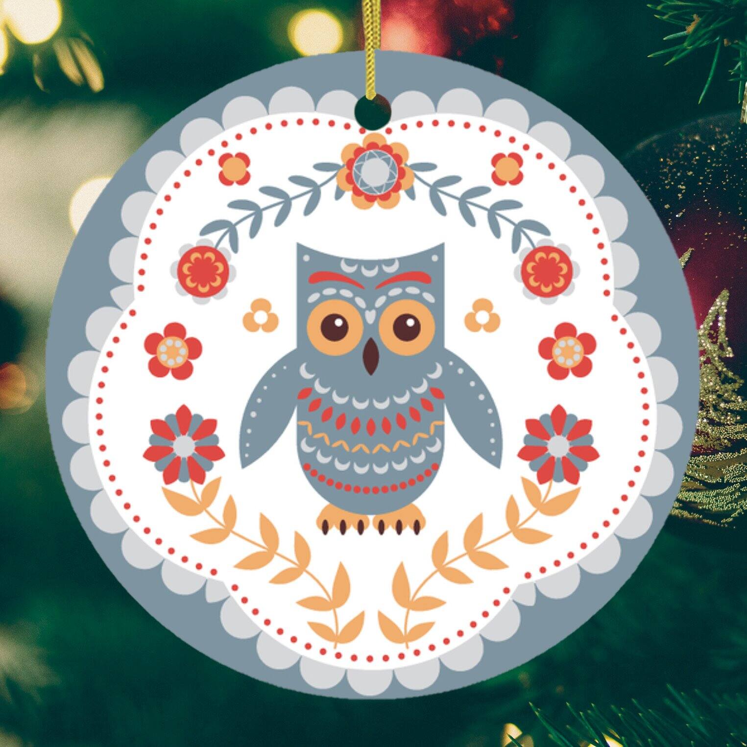 Back. OrnamentallyYou - Scandinavian Owl Ornament Ethnic Folk Boho Decoration Mexican Style Circle Version - Multi-colored.