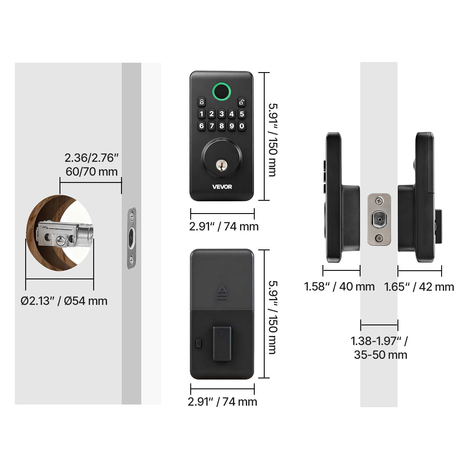 2.36/2.76" 60/70 mm  
2.91" / 74 mm  
02.13" / 054 mm  
5.91" / 150 mm  
1.58" / 40 mm  
1.65" / 42 mm  
1.38-1.97" / 35-50 mm  
VEVOR