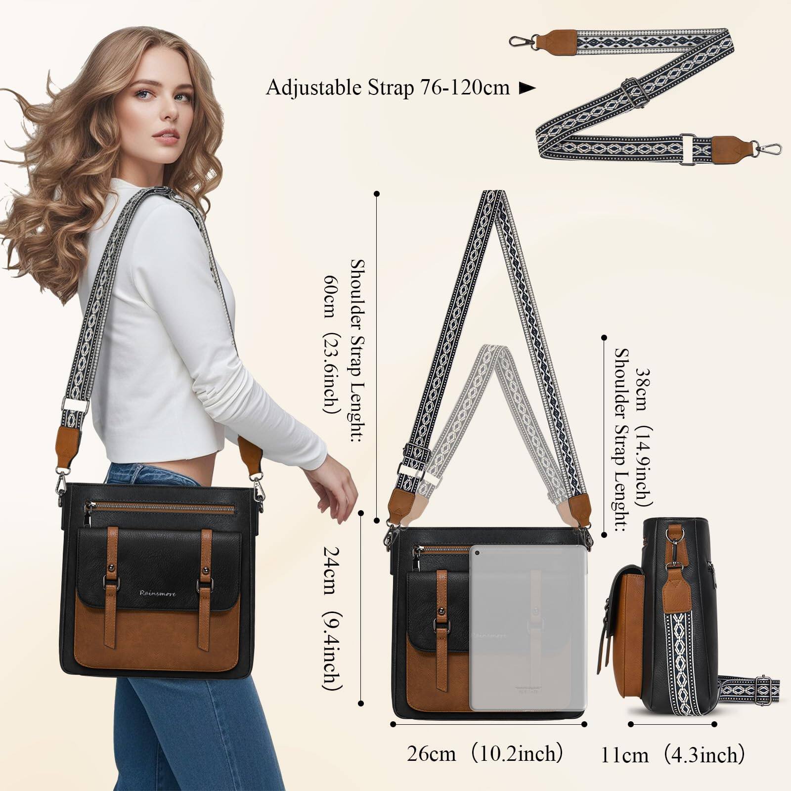Adjustable Strap 76-120cm

Shoulder Strap Length: 60cm (23.6inch)

Shoulder Strap Length: 38cm (14.9inch)

Bag Dimensions:
- Height: 24cm (9.4inch)
- Width: 26cm (10.2inch)
- Depth: 11cm (4.3inch)