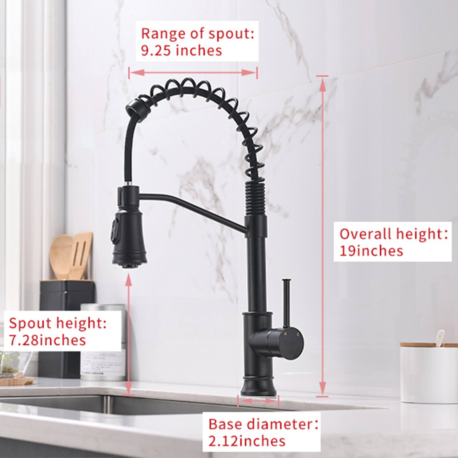 Range of spout: 9.25 inches  
Overall height: 19 inches  
Spout height: 7.28 inches  
Base diameter: 2.12 inches