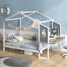 Gymax - Full Size Kids House Bed w/ Study Desk & Removable Box Drawers Hanging Hooks - White, Gray