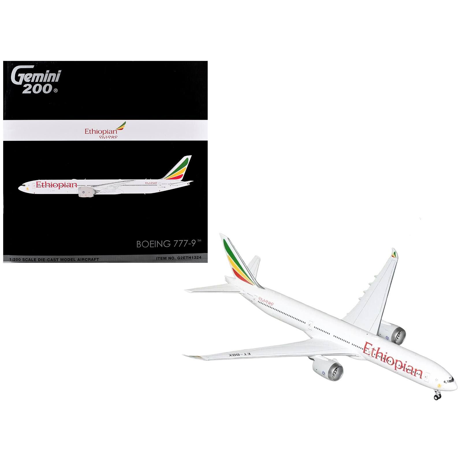 Gemini 200  
Ethiopian 287419  
Ethiopian  
ever  
N BOEING 777-9  
1:200 SCALE DIE-CAST MODEL AIRCRAFT  
ITEM NO. G2ETH1324  
289619 X00-13  
Ethiopian
