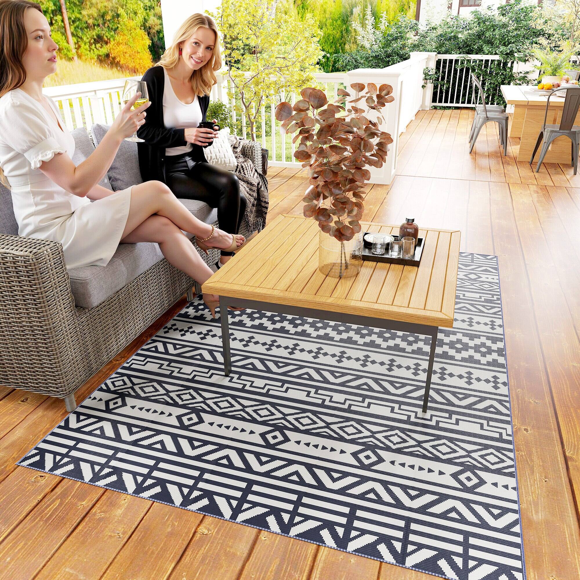 Alt View 8. Outsunny - Outdoor Rug for Patio, 6' x 9' Waterproof Large Mat, Reversible Plastic Straw Rug for Décor - Blue and White Geometric Wall.