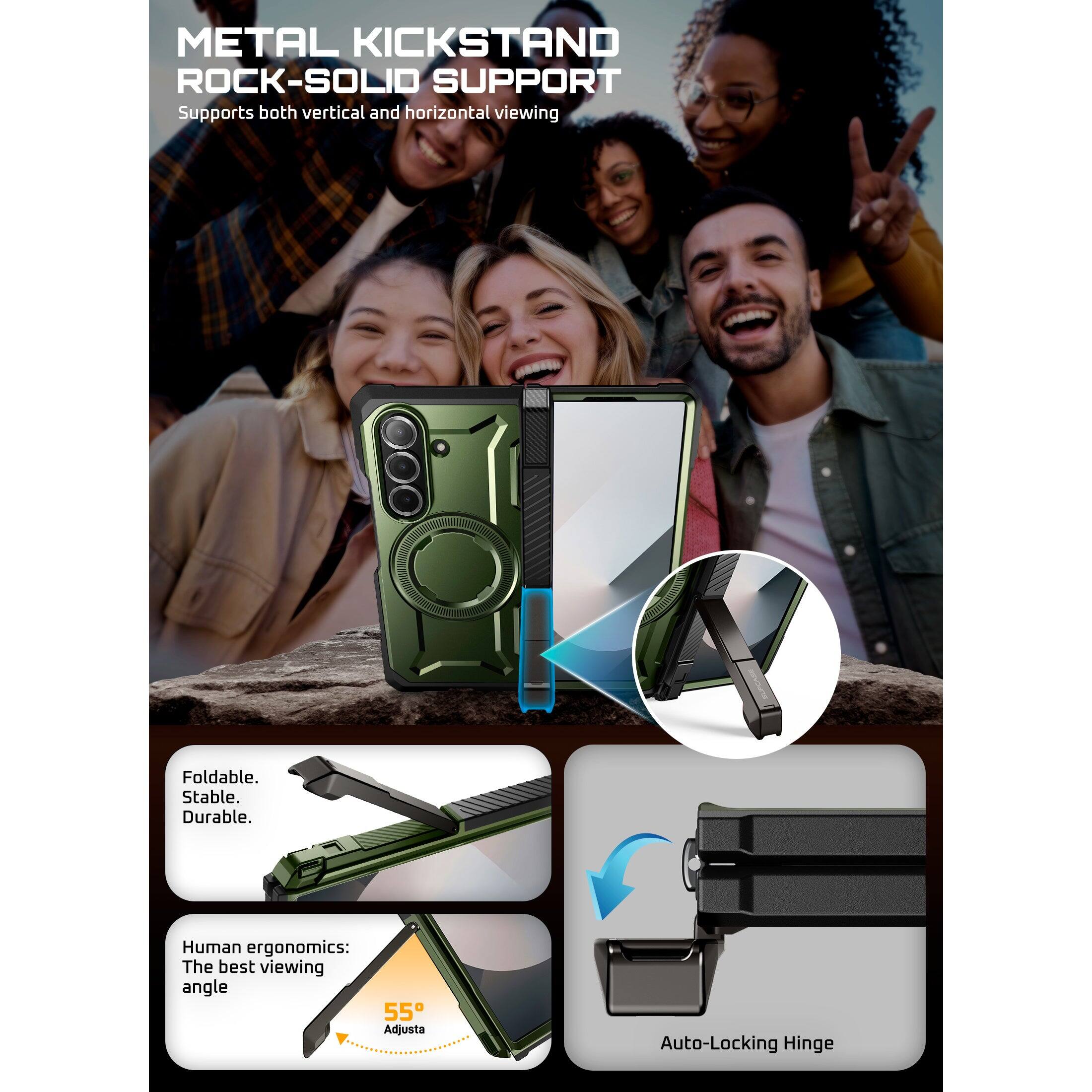 METAL KICKSTAND ROCK-SOLID SUPPORT
Supports both vertical and horizontal viewing
Foldable. Stable. Durable.
Human ergonomics: The best viewing angle 55° Adjustable
Auto-Locking Hinge