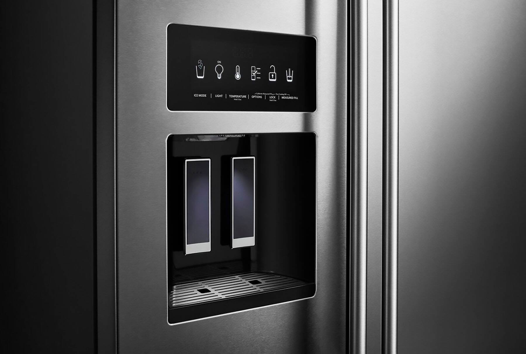 The text on the image reads "KI MODE | UIGHT TEMPERATURE I OPTIONS LOCK I CORUCAT TLE." This text is likely a description of the features of the refrigerator, which includes a light temperature setting, options lock, and corrugated door.