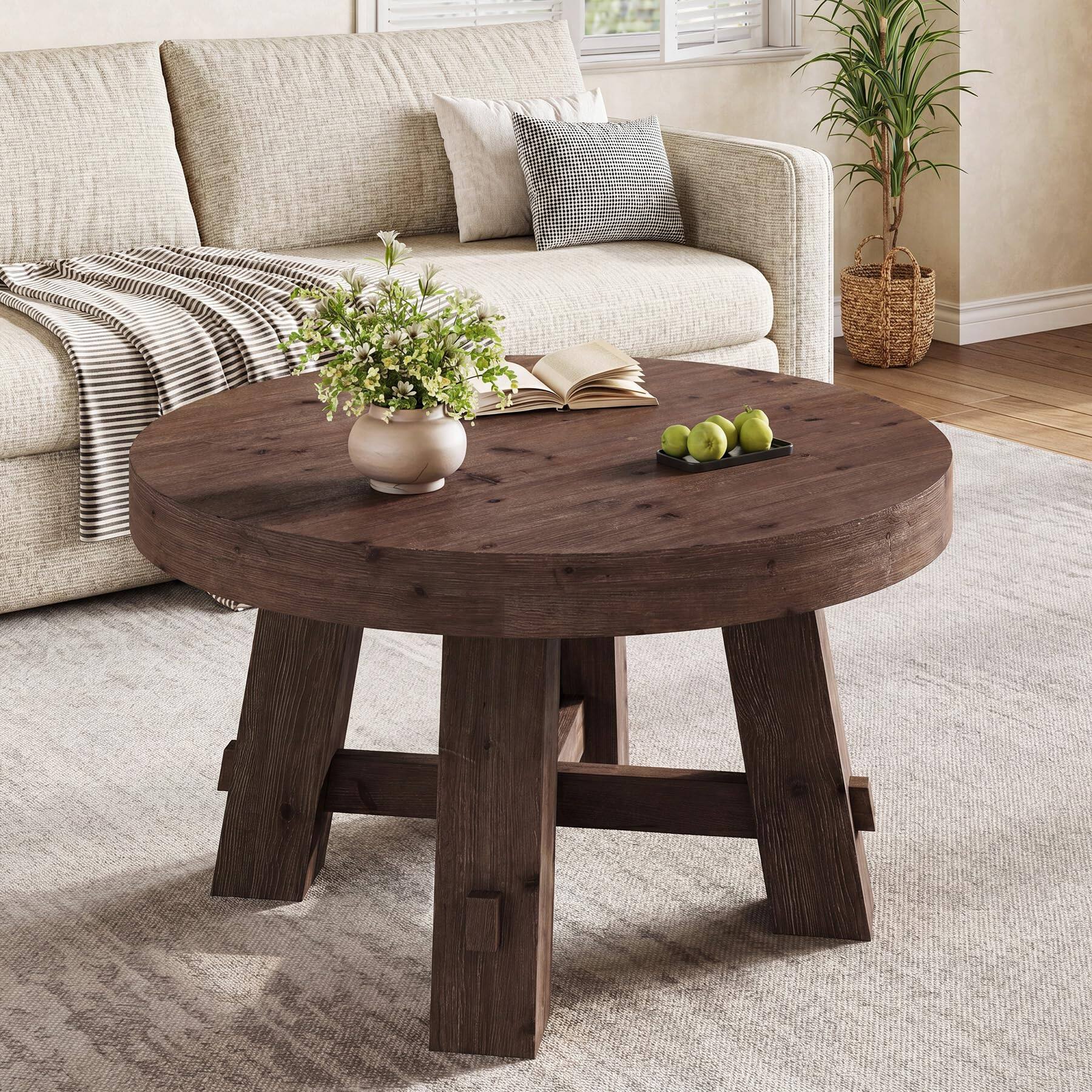 Alt View 1. Tribesigns - 31.5 Inch Round Solid Wood Coffee Table, Walnut Center Table - Walnut Brown.