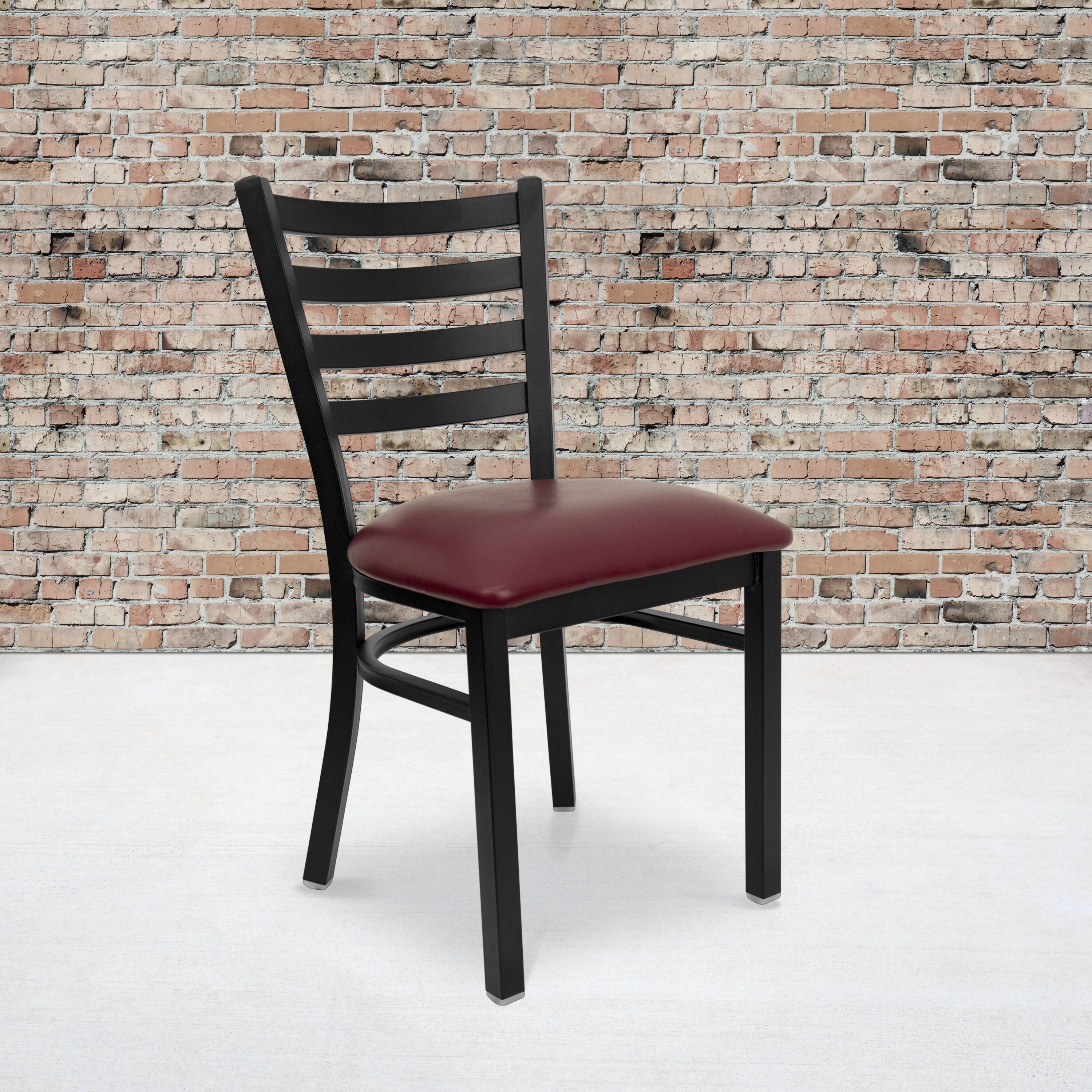Alt View 2. Emma + Oliver - 2 Pack Ladder Back Metal Restaurant Chair - Burgundy Vinyl Seat/Black Metal Frame.