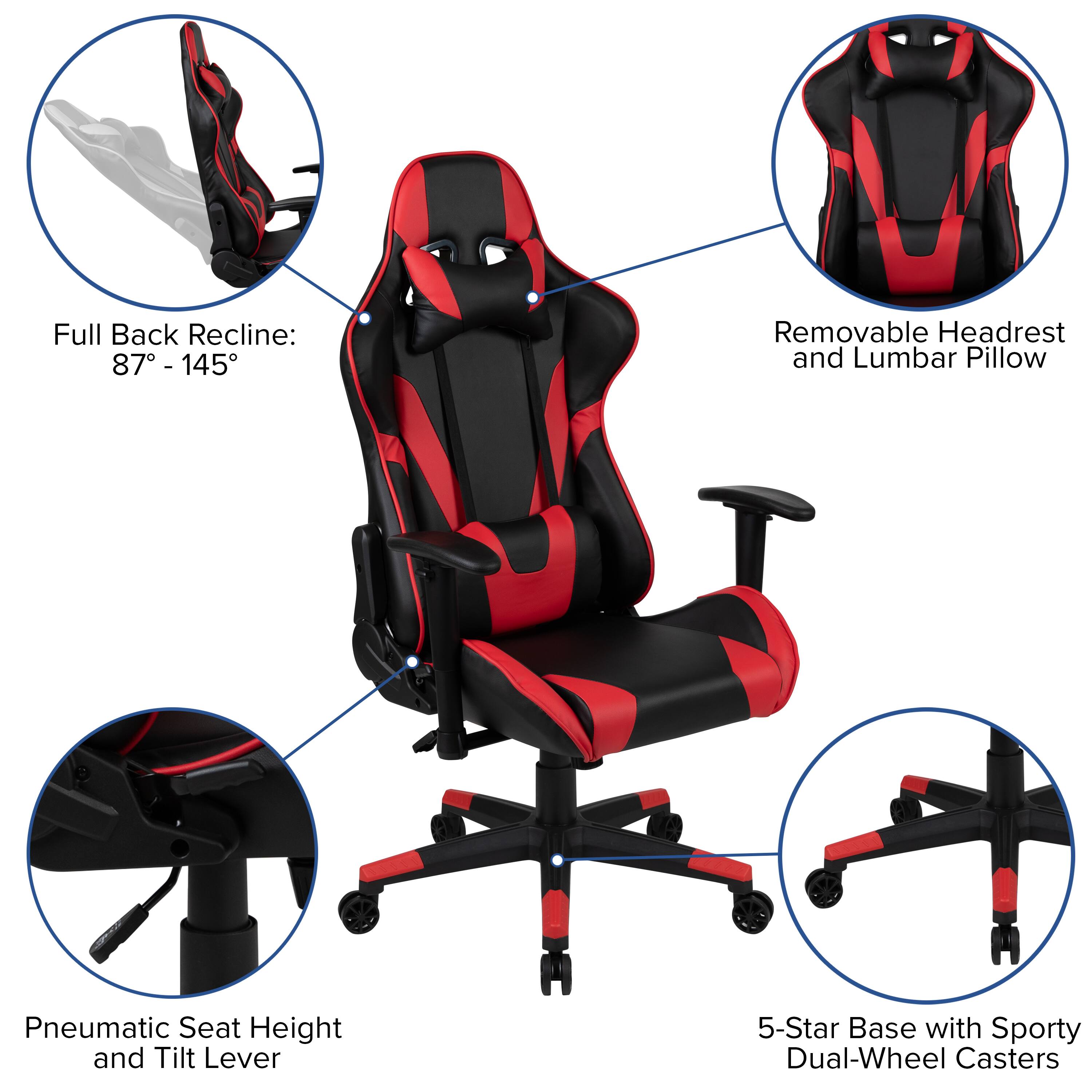 Full Back Recline: 87° - 145°  
Removable Headrest and Lumbar Pillow  
Pneumatic Seat Height and Tilt Lever  
5-Star Base with Sporty Dual-Wheel Casters