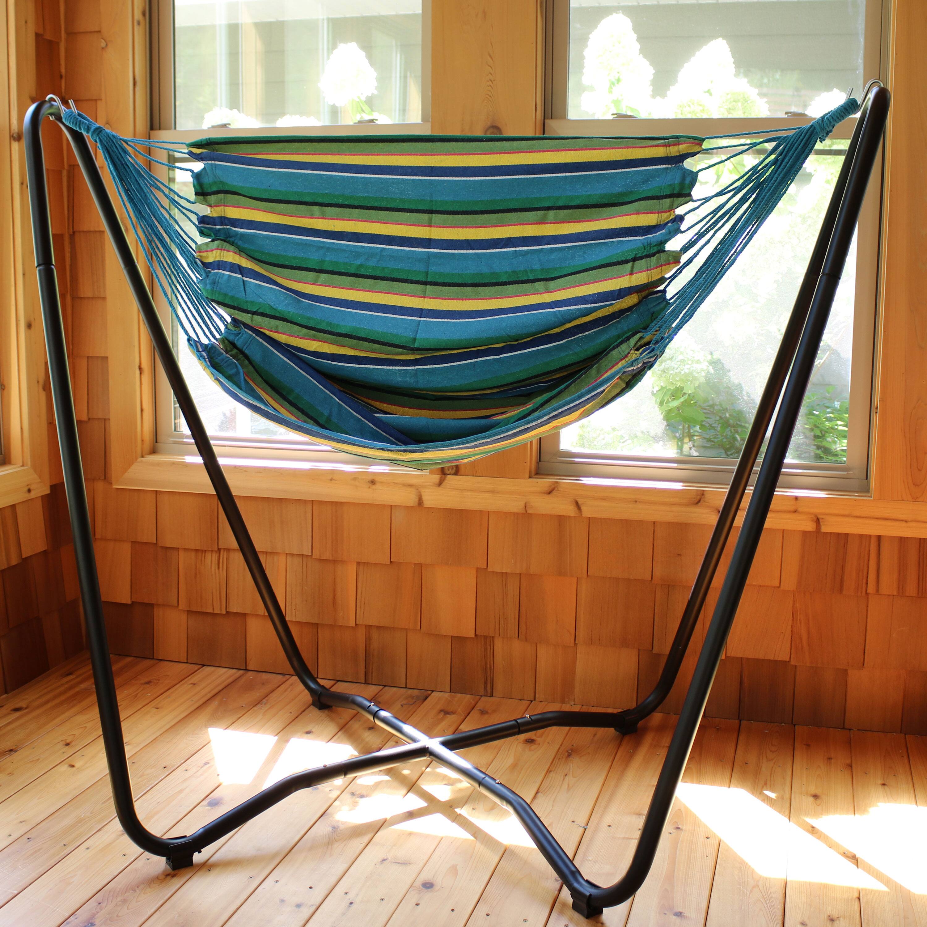 Alt View 4. Sunnydaze - Cotton Hammock Chair with Space Saving Steel Stand - Ocean Breeze.