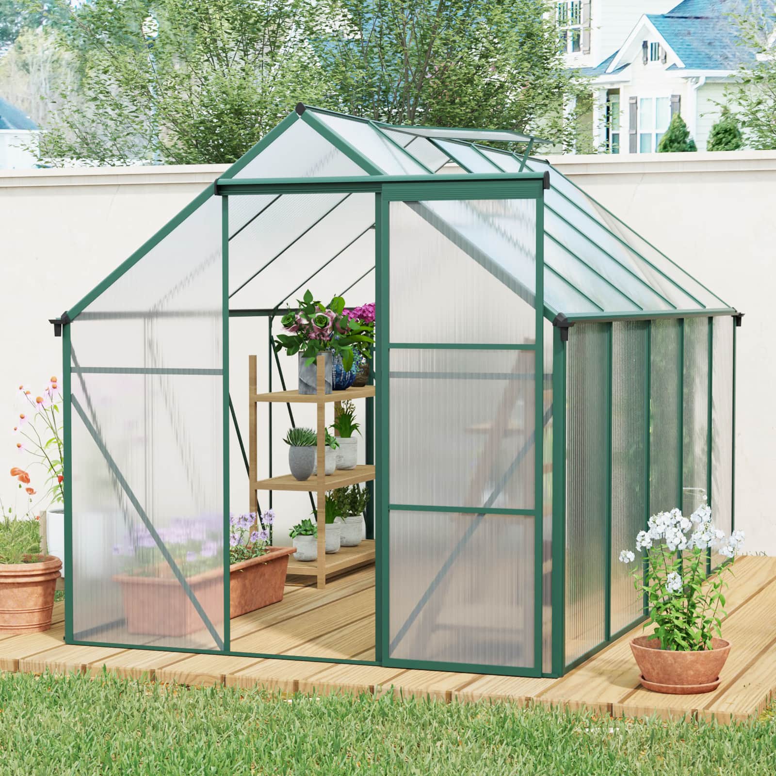 TinyHomie - 6 X 10FT Polycarbonate Greenhouse Raised Base and Anchor Aluminum Heavy Duty Walk-in Greenhouses in All Season