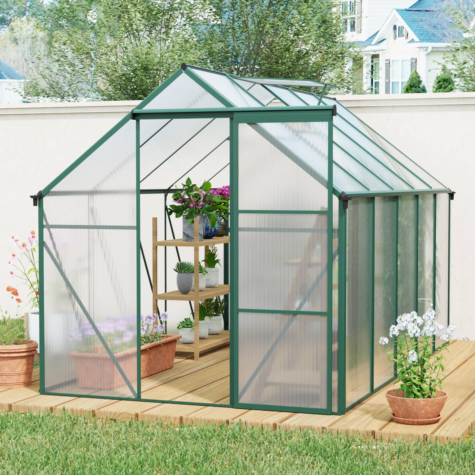 Front. TinyHomie - 6 X 10FT Polycarbonate Greenhouse Raised Base and Anchor Aluminum Heavy Duty Walk-in Greenhouses in All Season.