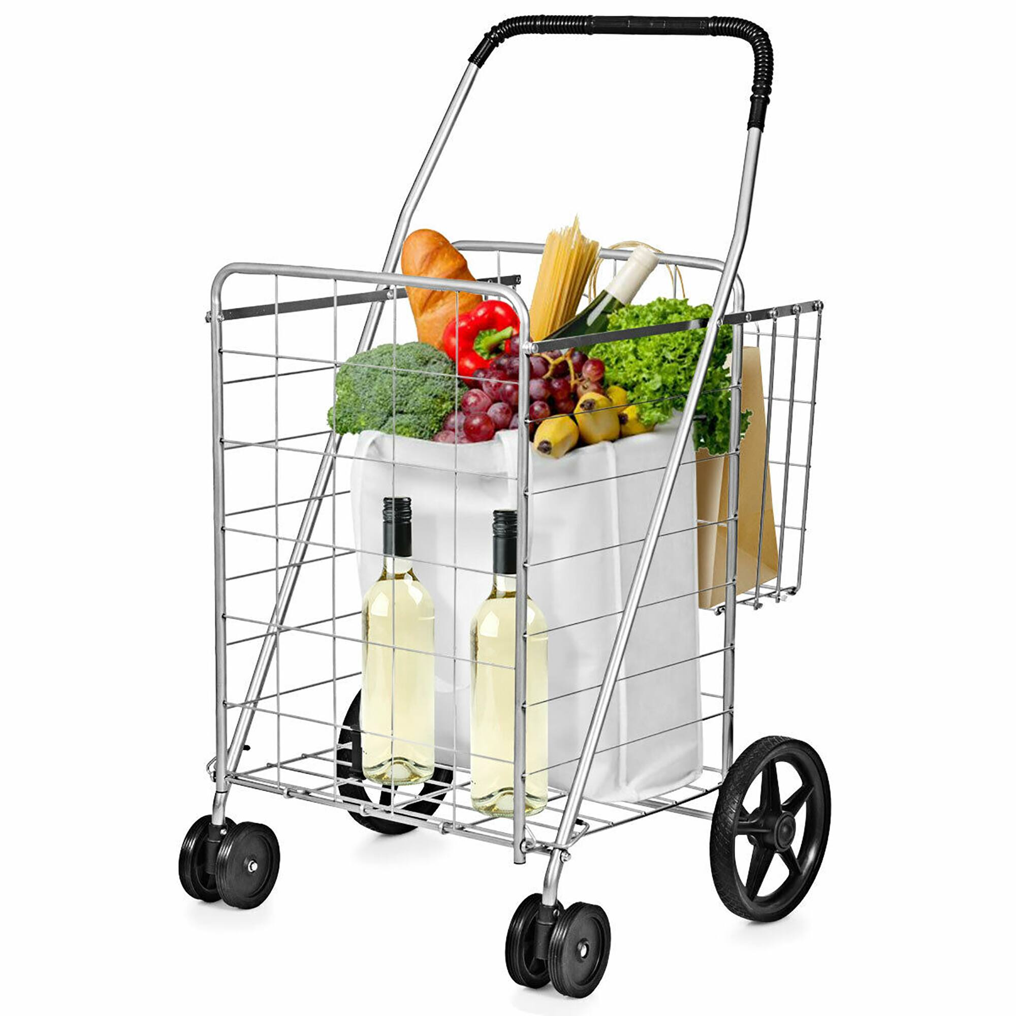 Front. Costway - Utility Shopping Cart Foldable Jumbo Basket Outdoor Grocery Laundry - Silver.