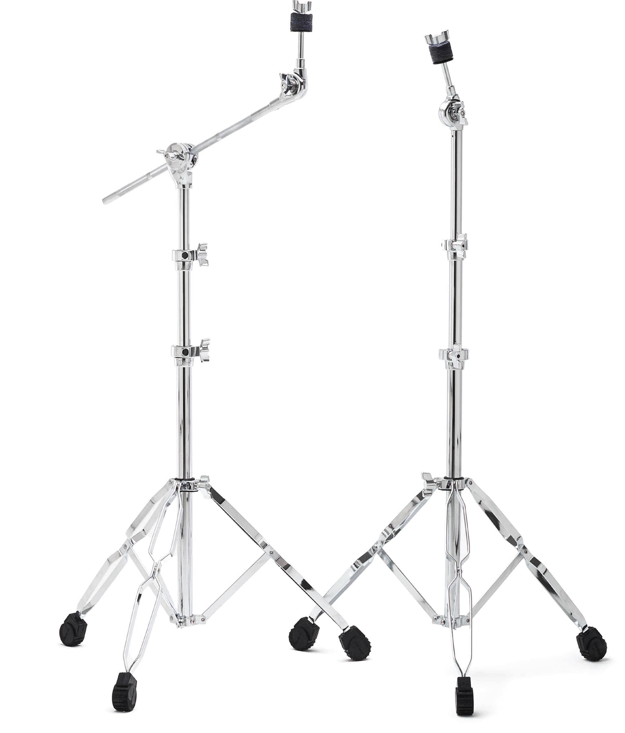 Left. Gibraltar Hardware - 5000 Series 5-Piece Drum Hardware Pack, Includes Double-Braced Snare Stand, Hi-Hat Stand, Boom Straight Cymbal Stands.