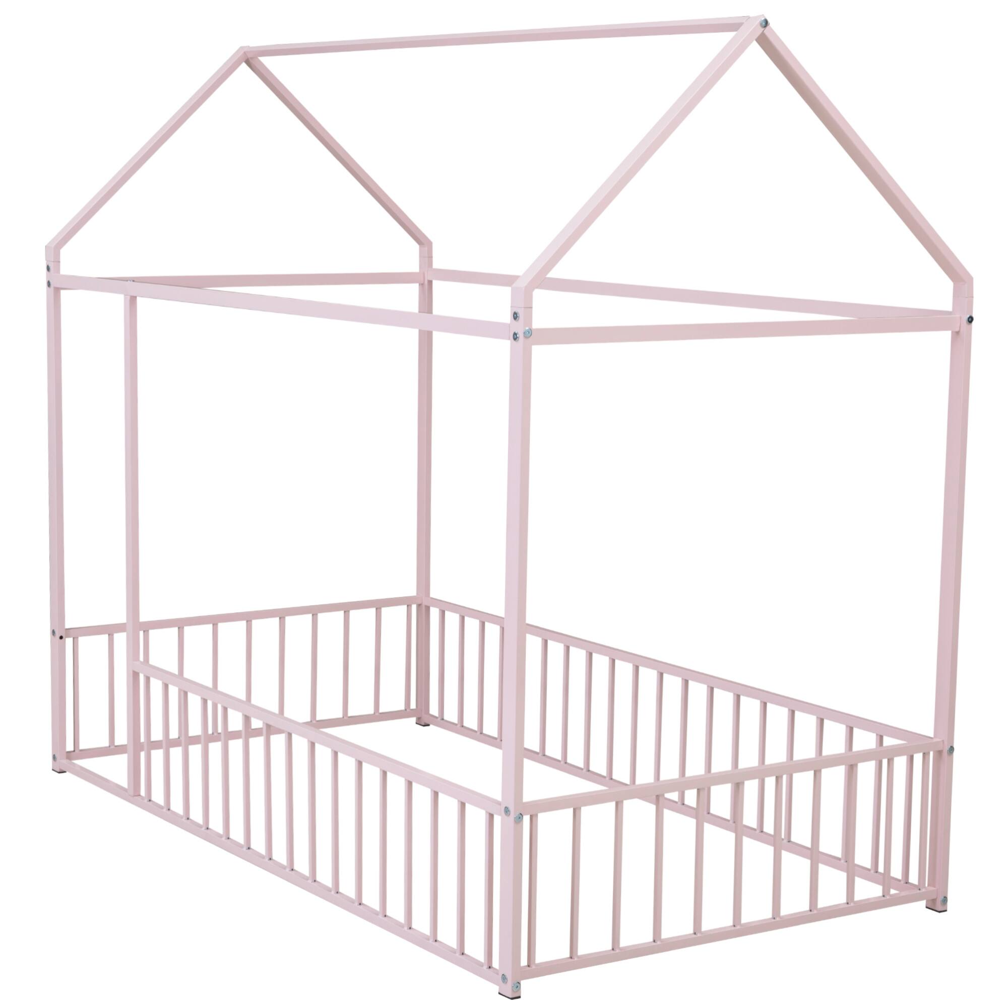 Alt View 1. GOODSILO - Twin Size Playhouse Bed Frame with Safety Fence for Kids and Teens - Sturdy Metal Construction - Pink.