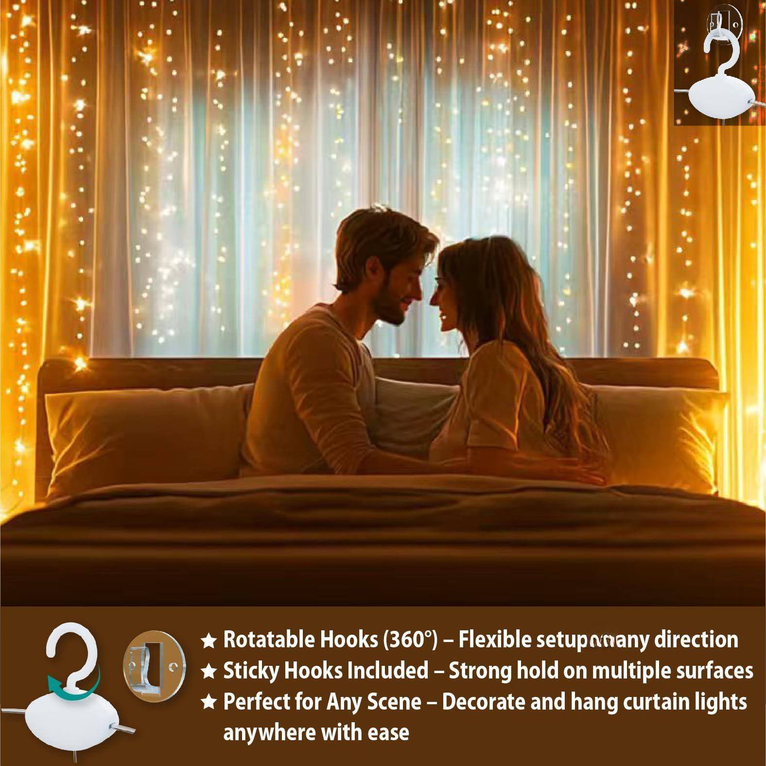 2 Rotatable Hooks (360°) - Flexible setup in any direction  
Sticky Hooks Included - Strong hold on multiple surfaces  
Perfect for Any Scene - Decorate and hang curtain lights anywhere with ease