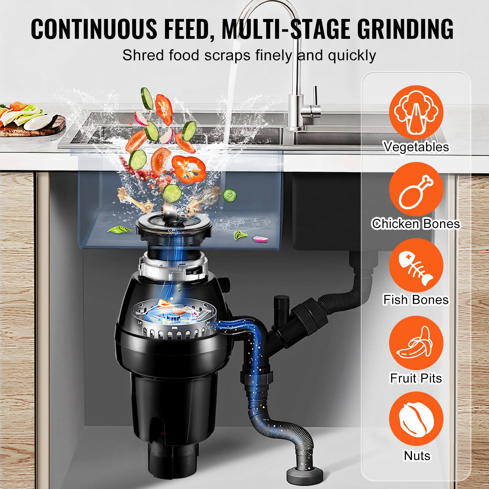 CONTINUOUS FEED, MULTI-STAGE GRINDING  
Shred food scraps finely and quickly  
Vegetables  
Chicken Bones  
Fish Bones  
Fruit Pits  
Nuts