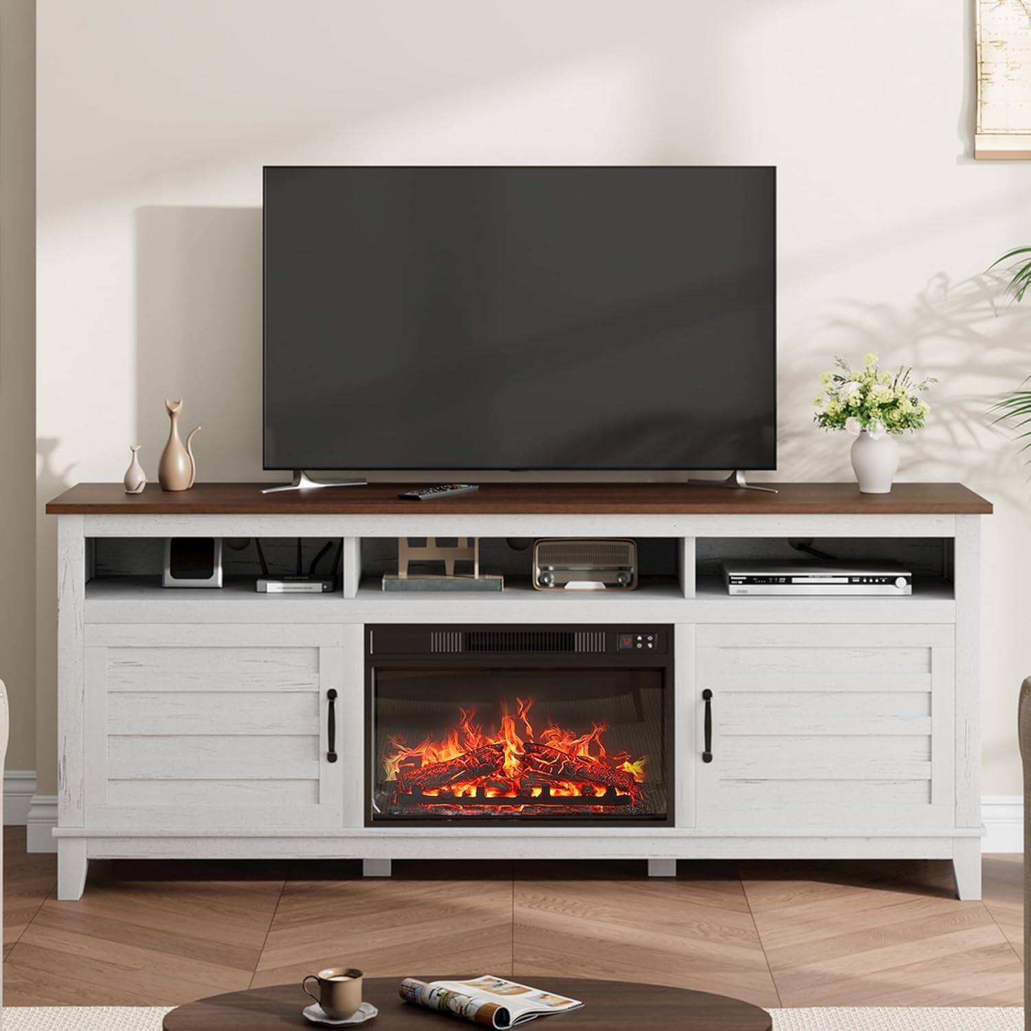 Front. Jojoka - 71" Farmhouse TV Stand with 23" Electric Fireplace, Adjustable Storage, Media Console for Living Room & Bedroom - White.