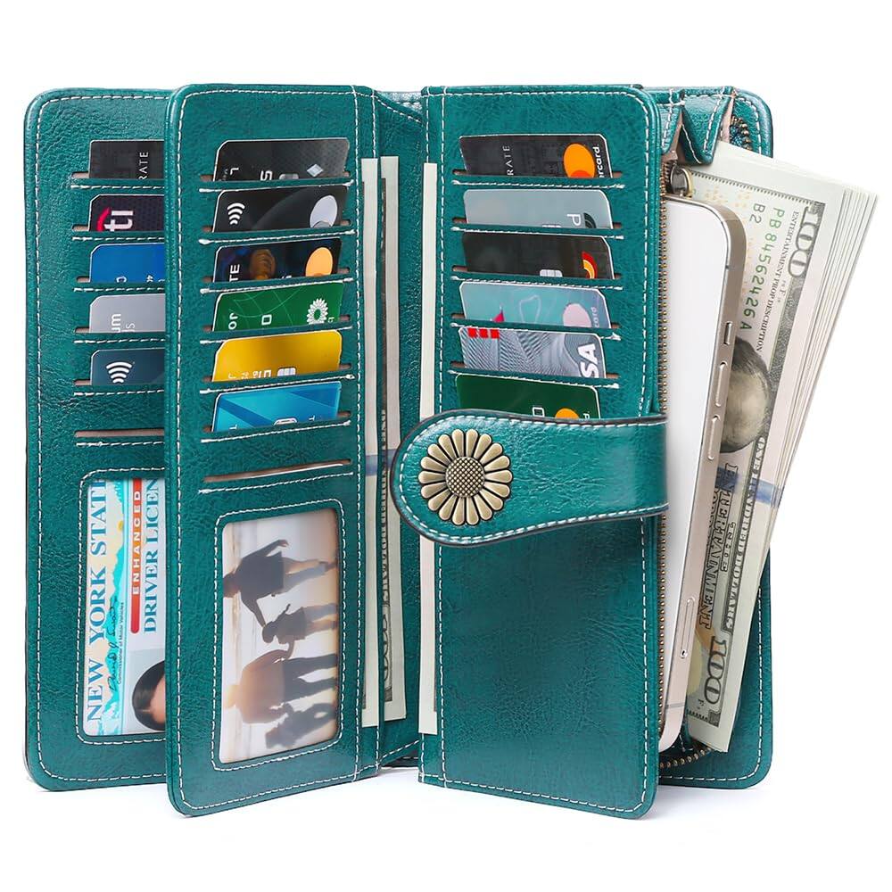 Left. Jadie Link - Wallets Women Leather Credit Card Holder Rfid Blocking Large Capacity Wristlet Large Capacity womens wallet card slots - 5-Vegan-Pink-3.