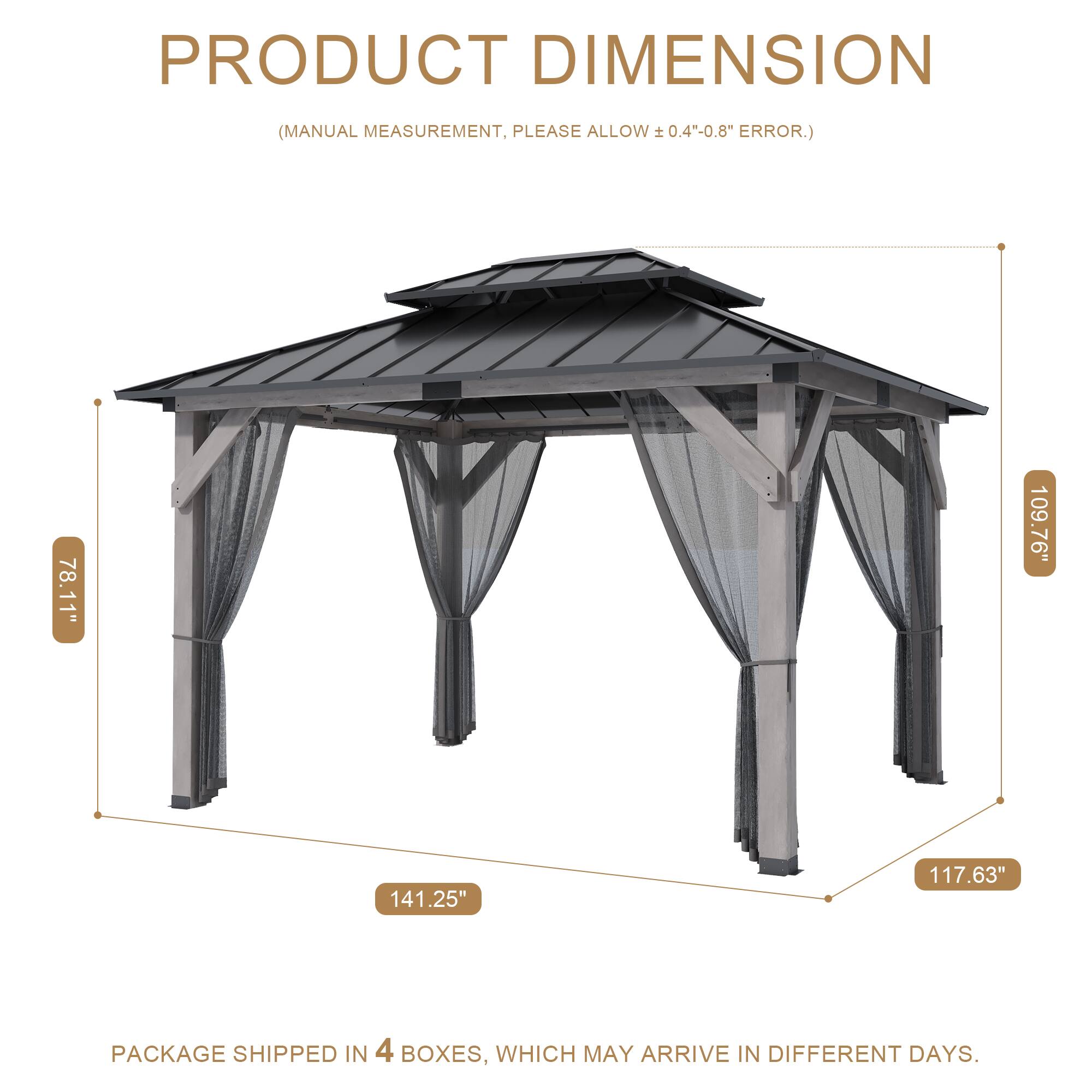PRODUCT DIMENSION (MANUAL MEASUREMENT, PLEASE ALLOW ±0.4"-0.8" ERROR.)  
78.11" 109.76" 141.25" 117.63"  
PACKAGE SHIPPED IN 4 BOXES, WHICH MAY ARRIVE IN DIFFERENT DAYS.