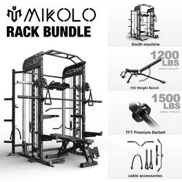Mikolo - Smith Machine,Power Cage with Vertical Leg Press, 2000LBS Squat Rack with barbell and weight bench - Black