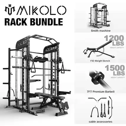 MIKOLLO RACK BUNDLE
Smith machine 1200 LBS WEIGHT CAPACITY
FID Weight Bench 1500 LBS
7FT Premium Barbell
cable accessories