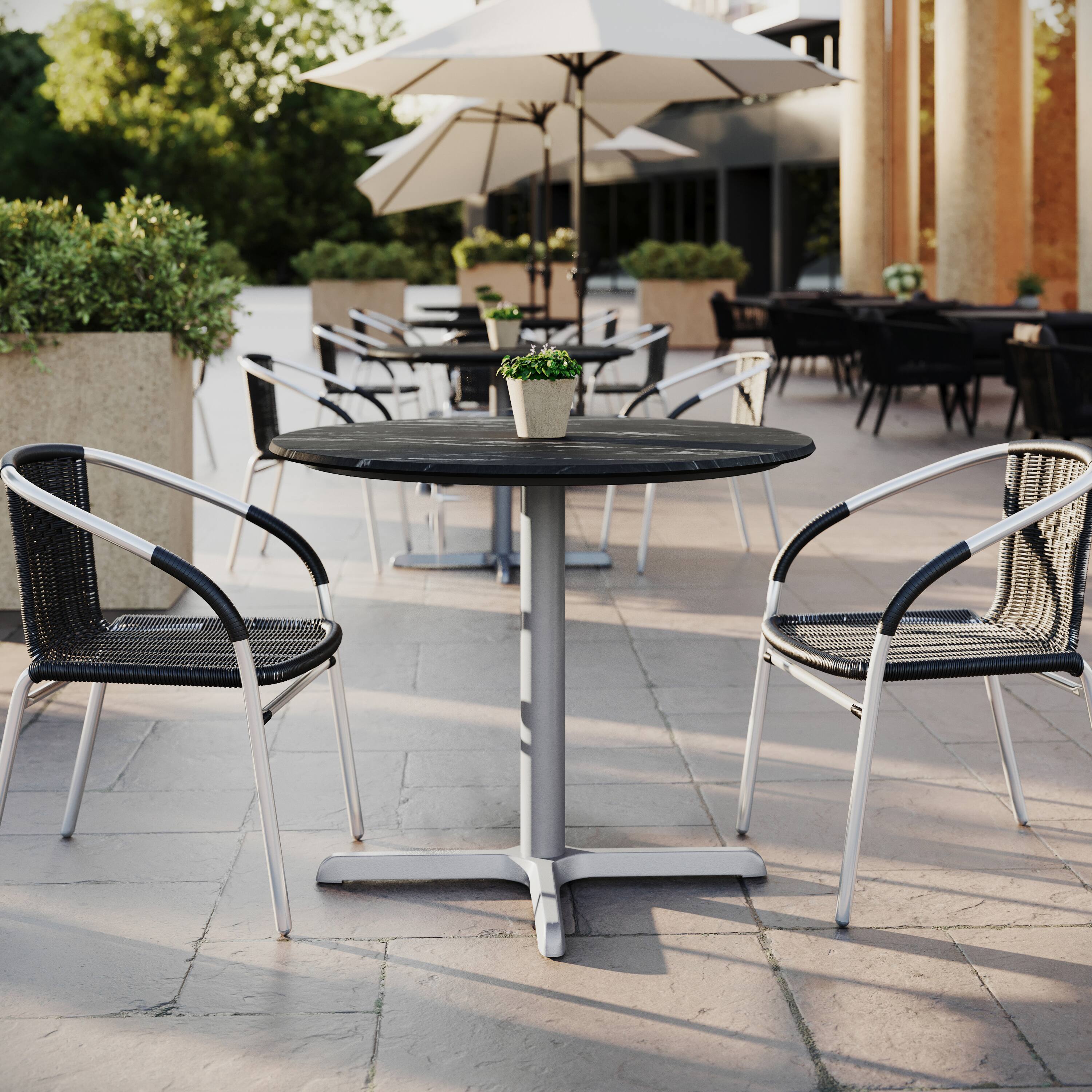 Alt View 1. Emma + Oliver - PureShield Indoor Outdoor Tabletop with Seam-Free Surface Innovation and Cast Iron Bistro Table Base - Black Faux Marble/Silver Base.