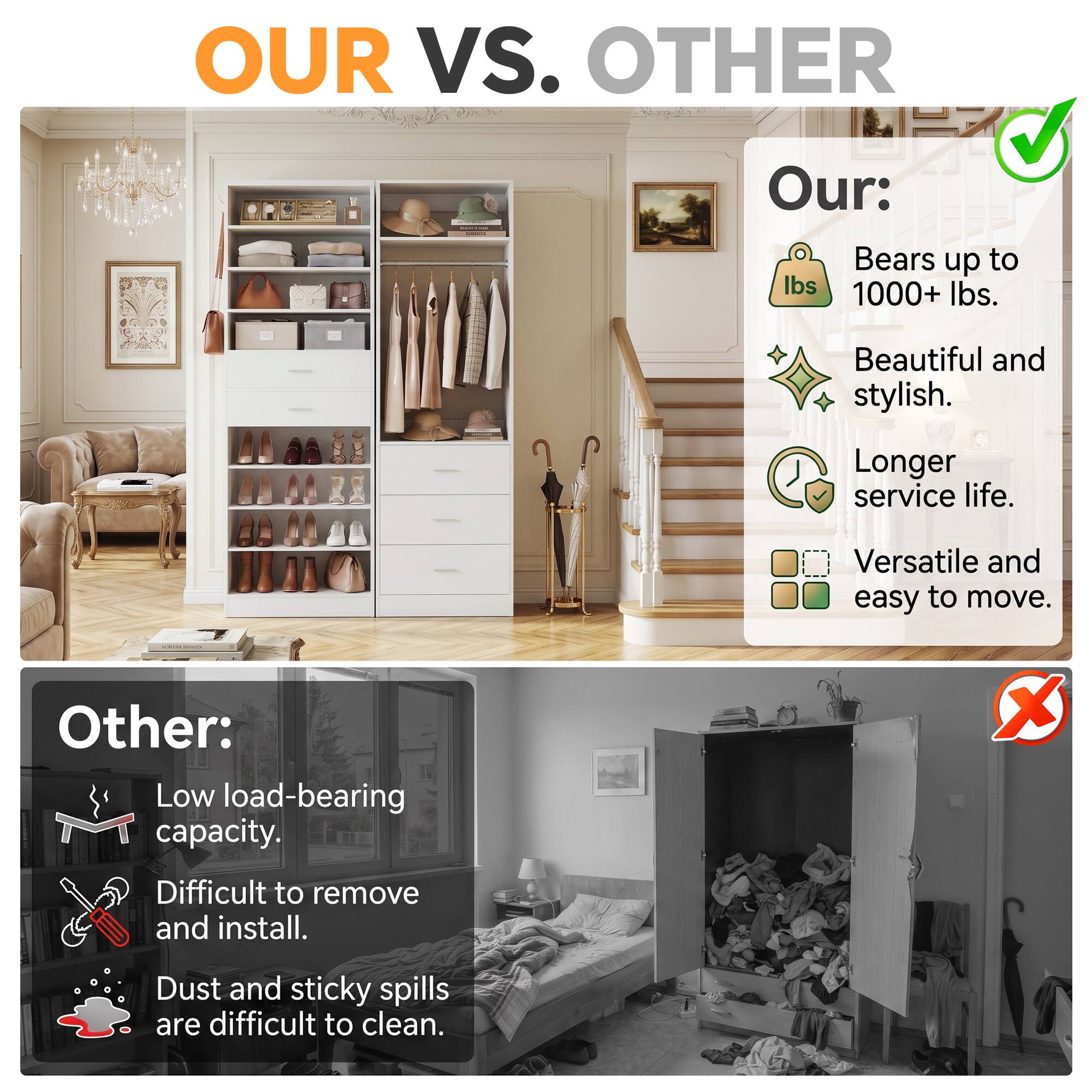 OUR VS. OTHER

Our:
- Bears up to 1000+ lbs.
- Beautiful and stylish.
- Longer service life.
- Versatile and easy to move.

Other:
- Low load-bearing capacity.
- Difficult to remove and install.
- Dust and sticky spills are difficult to clean.