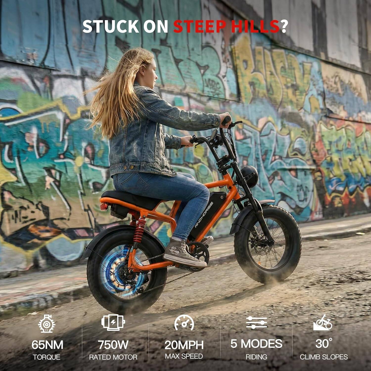 STUCK ON STEEP HILLS?

- 65NM TORQUE
- 750W RATED MOTOR
- 20MPH MAX SPEED
- 5 MODES RIDING
- 30° CLIMB SLOPES