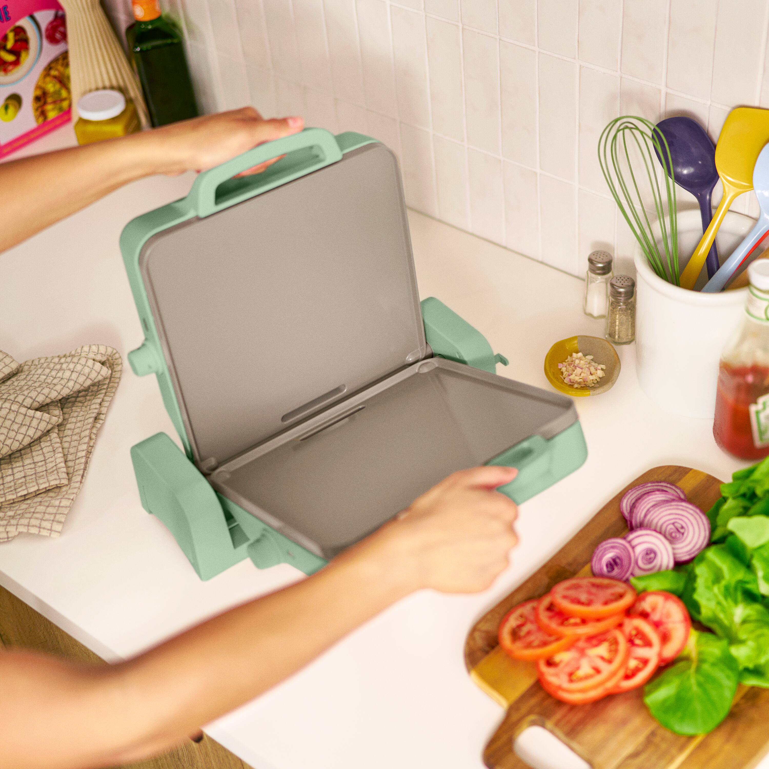 Alt View 6. Bella - Fits-anywhere Kitchenware: 10" x 20" Fold & Store Dual Temp Electric Griddle - Seaglass.