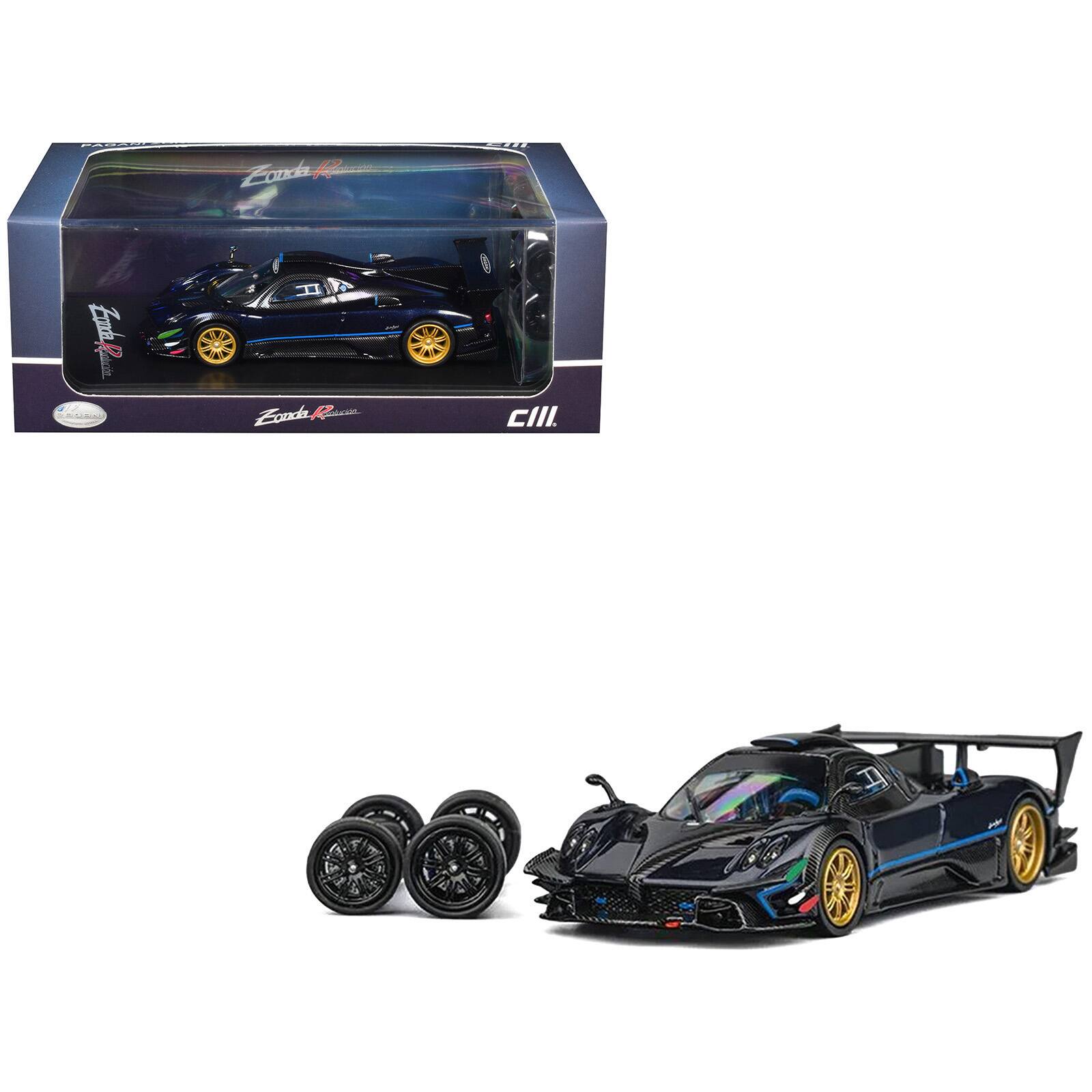 CM Models - Pagani Zonda Revolucion Dark Blue Metallic & Carbon with Extra Wheels 1/64 Diecast Model Car by CM Model