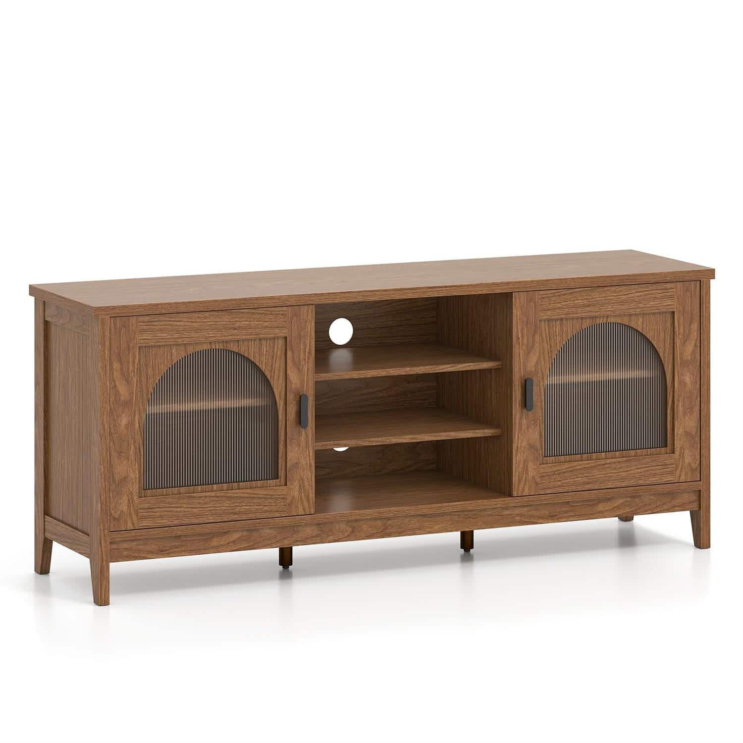 Pefilos - Modern Vintage TV Cabinet, 65" TV Compatible, Adjustable Storage Shelves & 2 Cable Holes, Walnut TV Stand - Brown