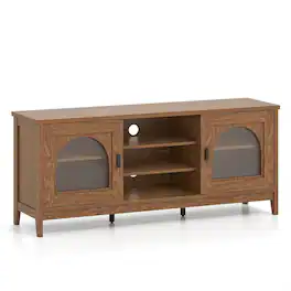Pefilos - Modern Vintage TV Cabinet, 65" TV Compatible, Adjustable Storage Shelves & 2 Cable Holes, Walnut TV Stand - Brown