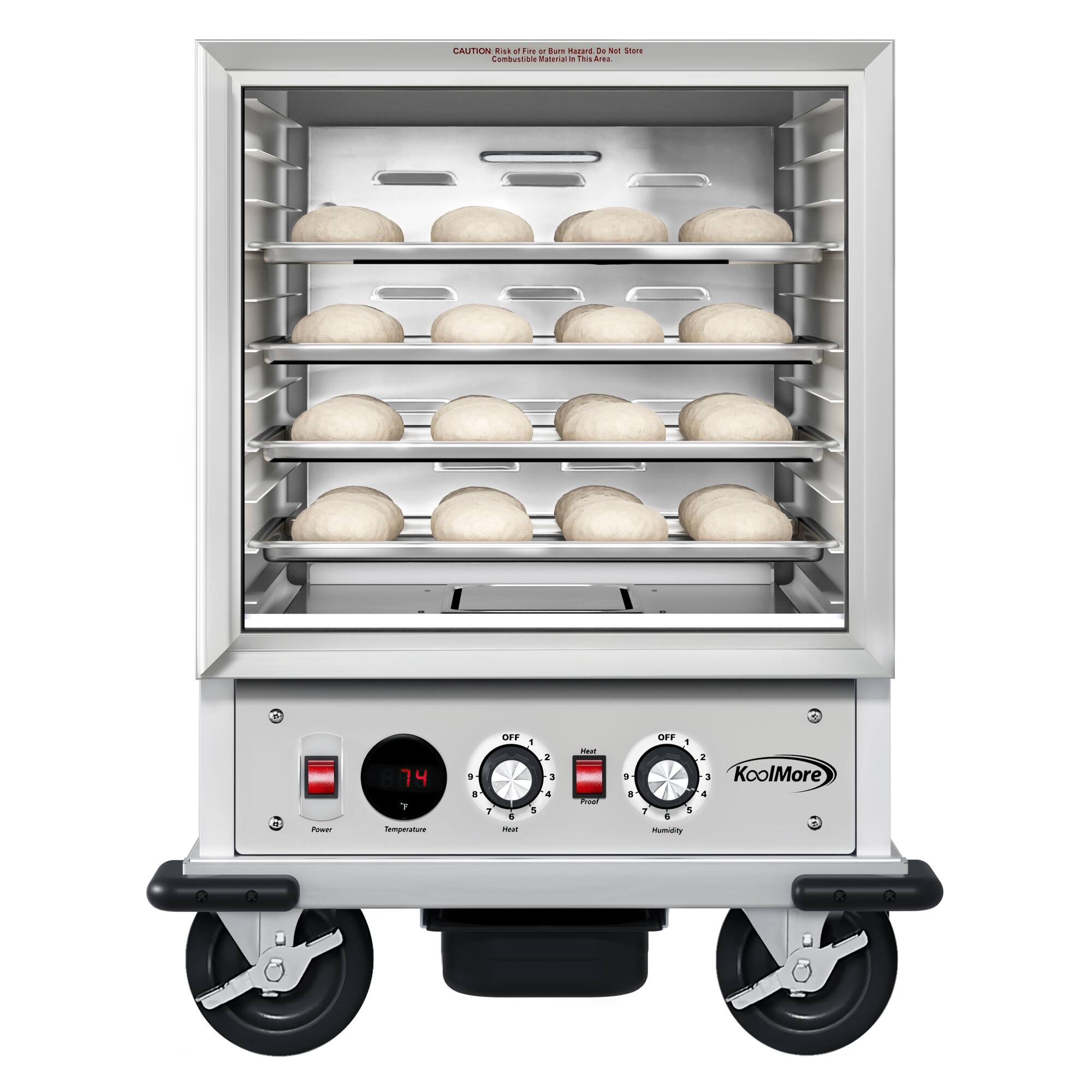 CAUTION: Risk of Fire and Combustible Material in This Area.

Burn Hazard - Do Not Store Flammable Material in This Area.

KoolMore

Power  
Temperature  
Heat  
Humidity