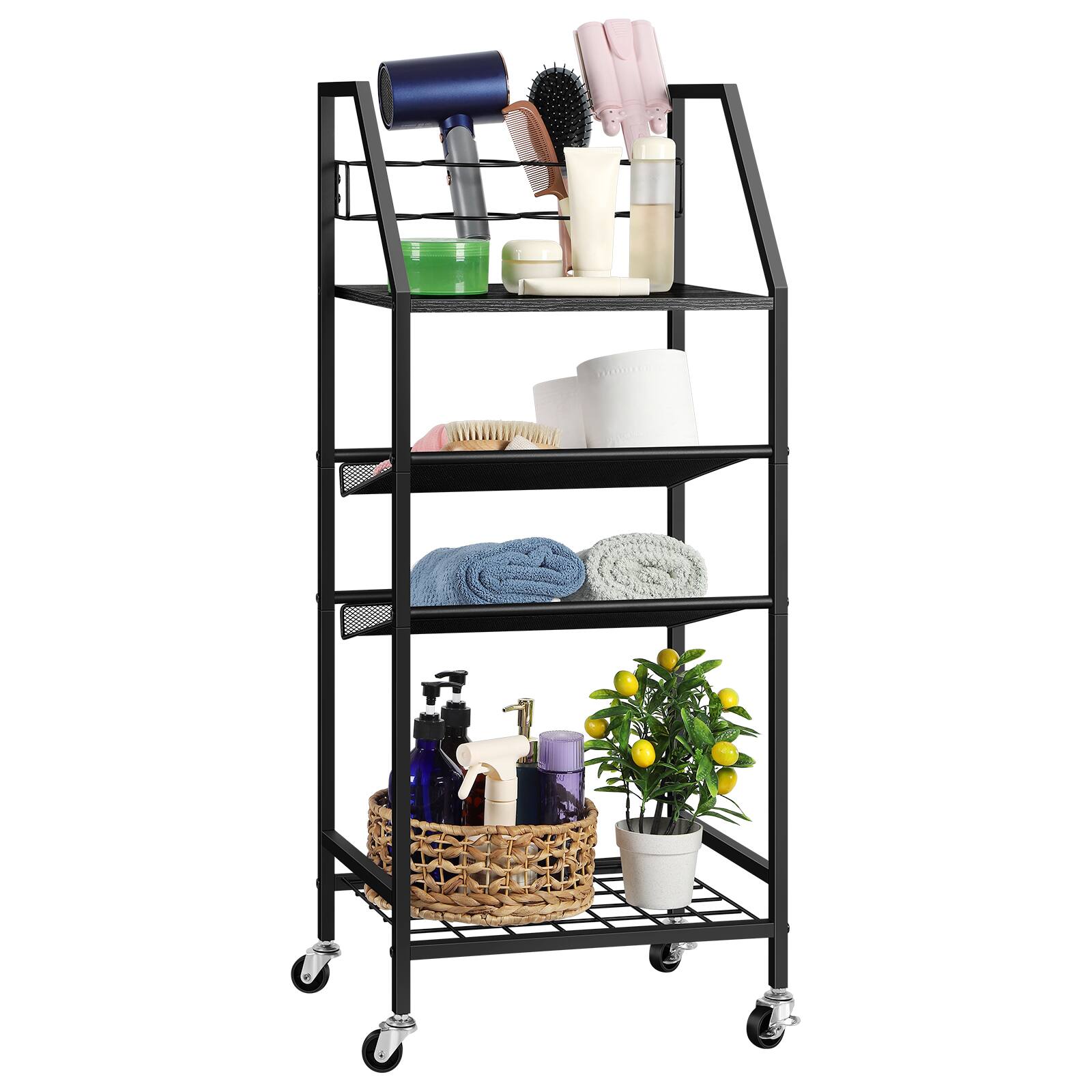 Alt View 1. Oumilen - 4-Tier Rolling Hair Tool Storage Cart, Black Wood Board Lockable Wheels for Salon Bathroom - Black.