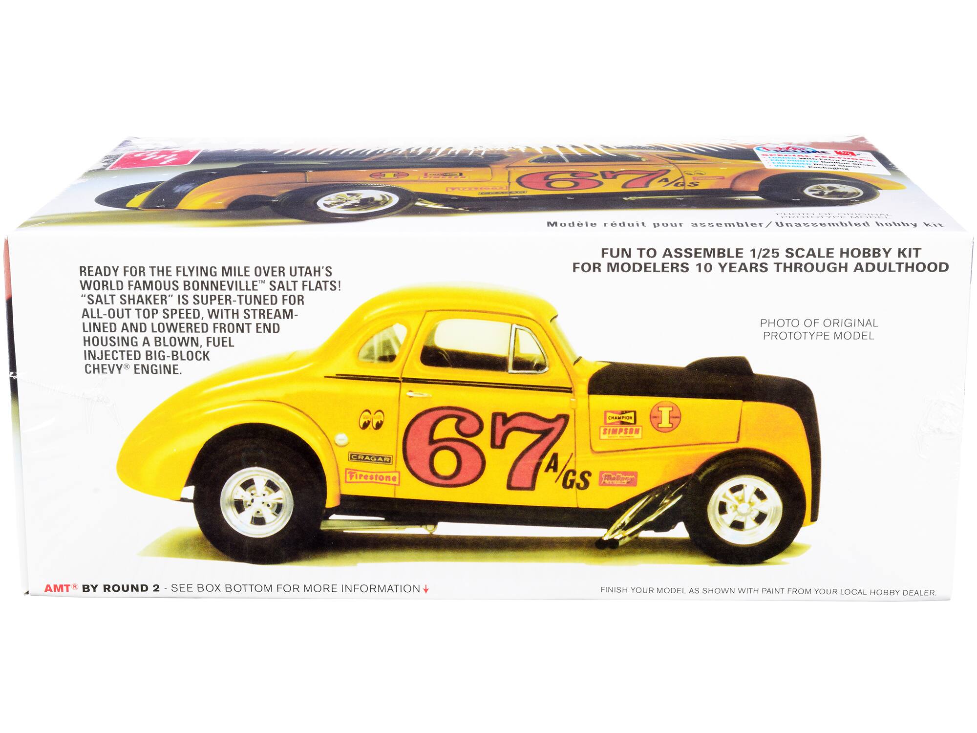 SLRVE

Model réduit pour assembler / Unassembled hobby kit

FUN TO ASSEMBLE 1/25 SCALE HOBBY KIT READY FOR THE FLYING MILE OVER UTAH'S FOR MODELERS 10 YEARS THROUGH ADULTHOOD WORLD FAMOUS BONNEVILLE SALT FLATS! "SALT SHAKER" IS SUPER-TUNED FOR ALL-OUT TOP SPEED, WITH STREAM-LINED AND LOWERED FRONT END PROTOTYPE MODEL HOUSING A BLOWN, FUEL INJECTED BIG-BLOCK CHEVY ENGINE. CHAMPION I SIMPSON Firestone CHAGAR 67 GS

AMT BY ROUND 2 - SEE BOX BOTTOM FOR MORE INFORMATION

FINISH YOUR MODEL AS SHOWN WITH PAINT FROM YOUR LOCAL HOBBY DEALER