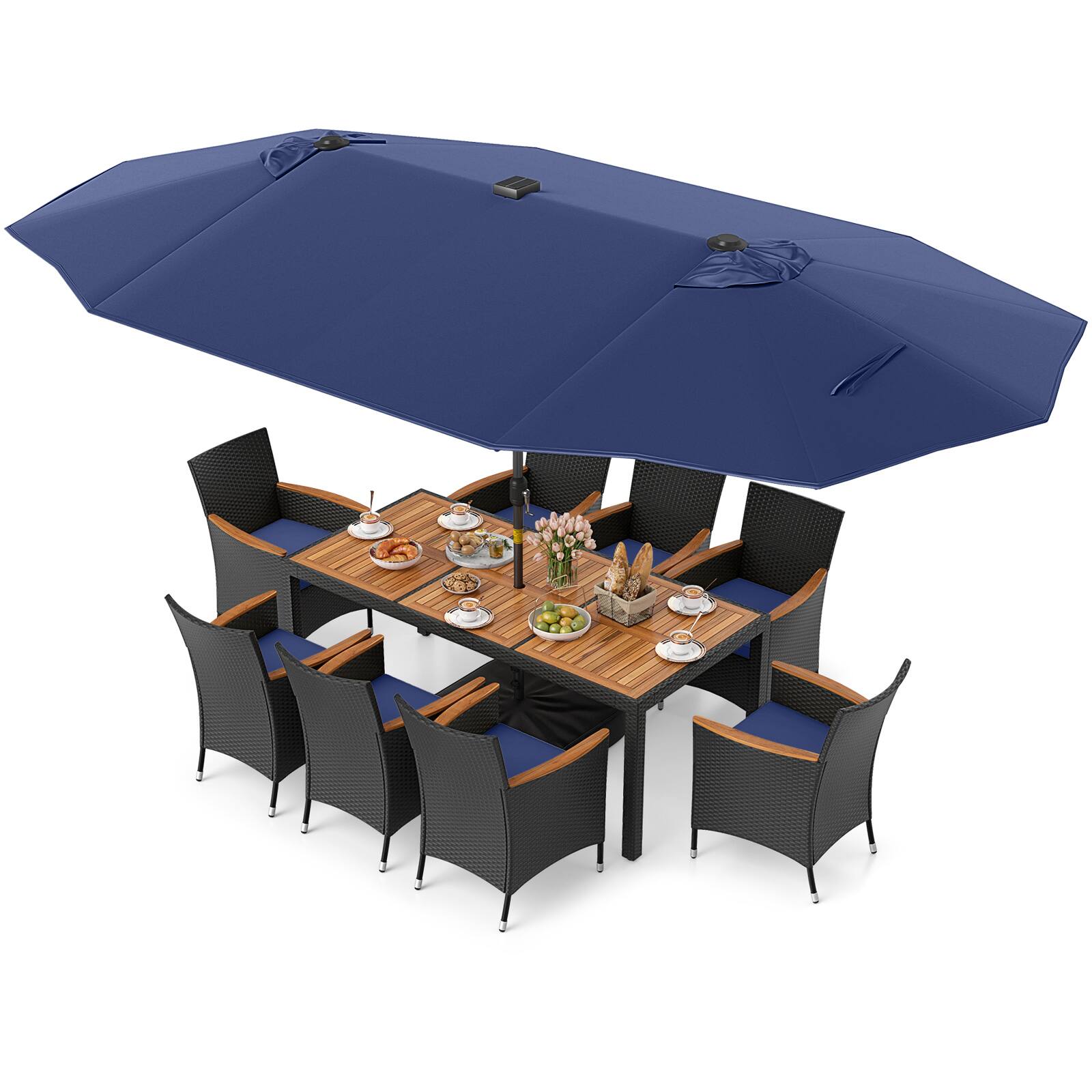 Alt View 4. Gymax - Gymax 11 PCS Patio Dining Set w/ 15ft Double-Sided Patio Umbrella (Base Included) Navy - Navy.