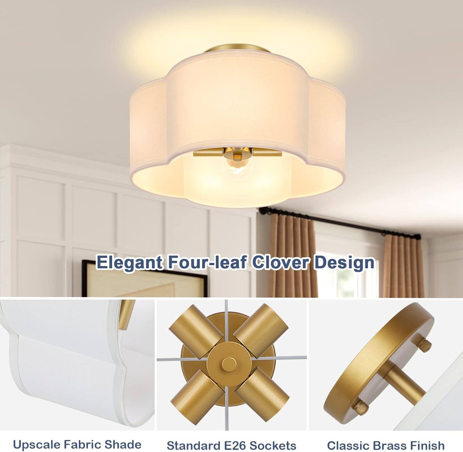Elegant Four-leaf Clover Design

Upscale Fabric Shade

Standard E26 Sockets

Classic Brass Finish