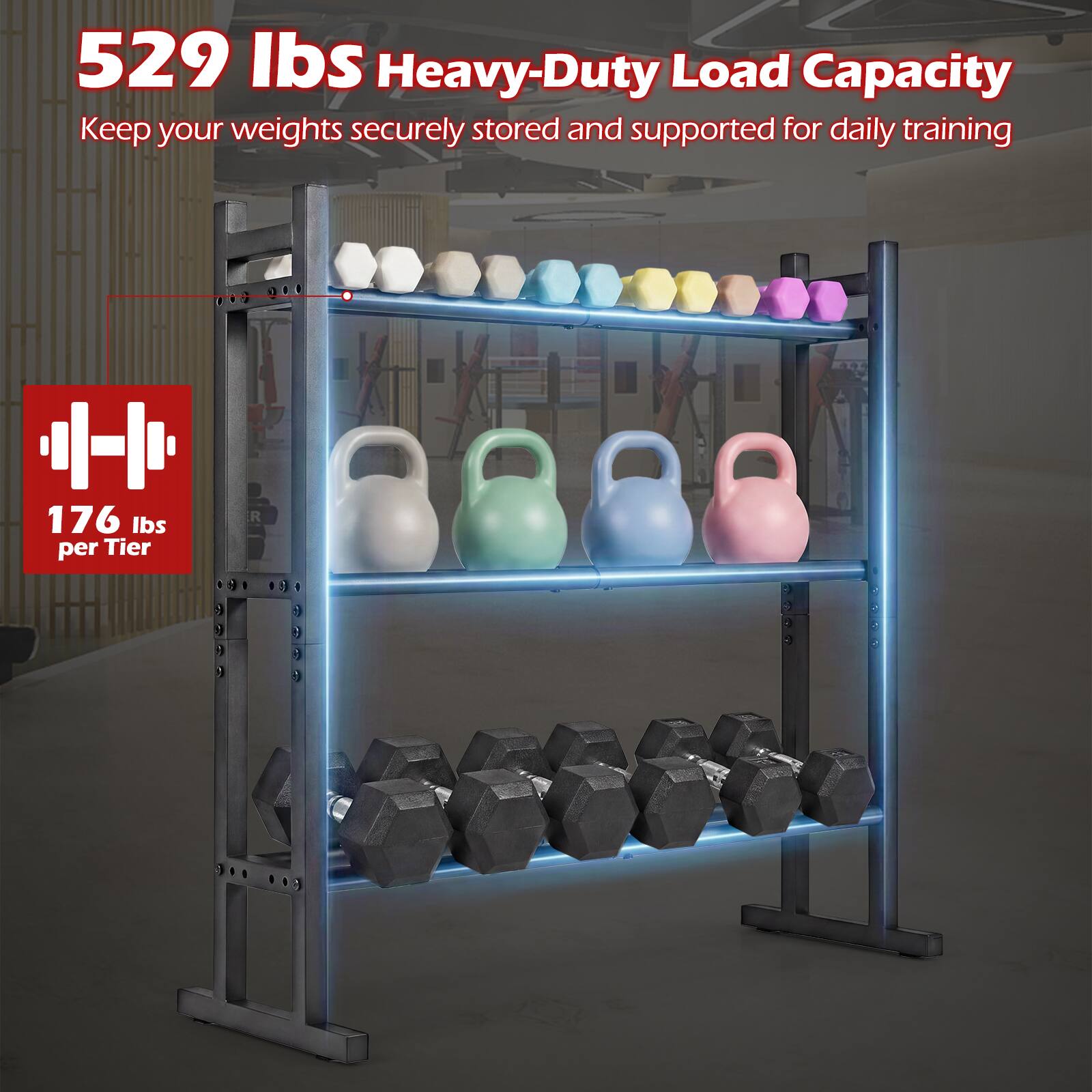 529 lbs Heavy-Duty Load Capacity  
Keep your weights securely stored and supported for daily training  

176 lbs per Tier