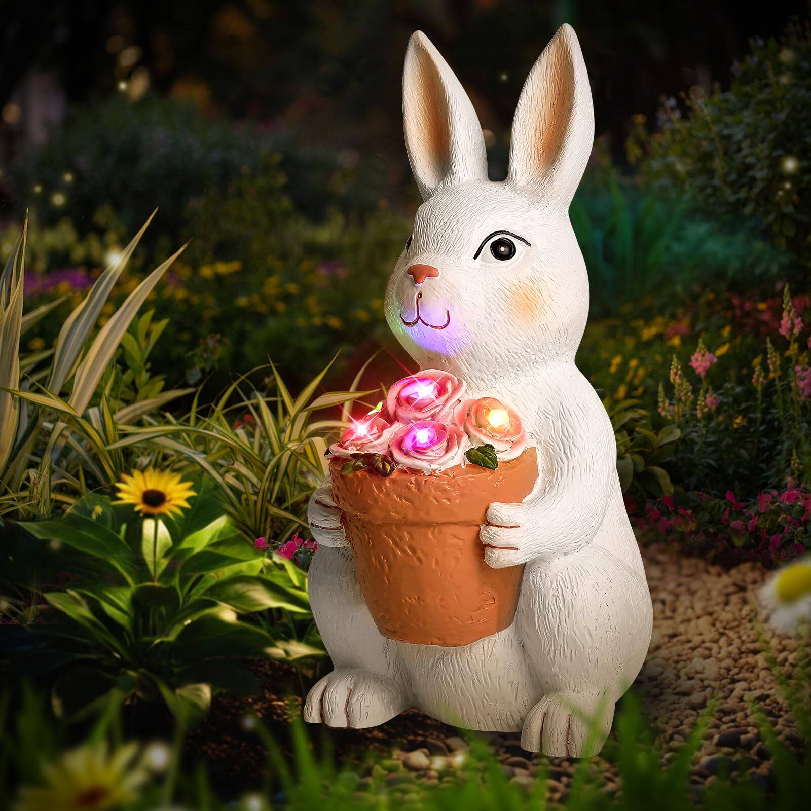 Nordic Hygge Solar Powered Outdoor Garden Rabbit with Flowers and 5 ...
