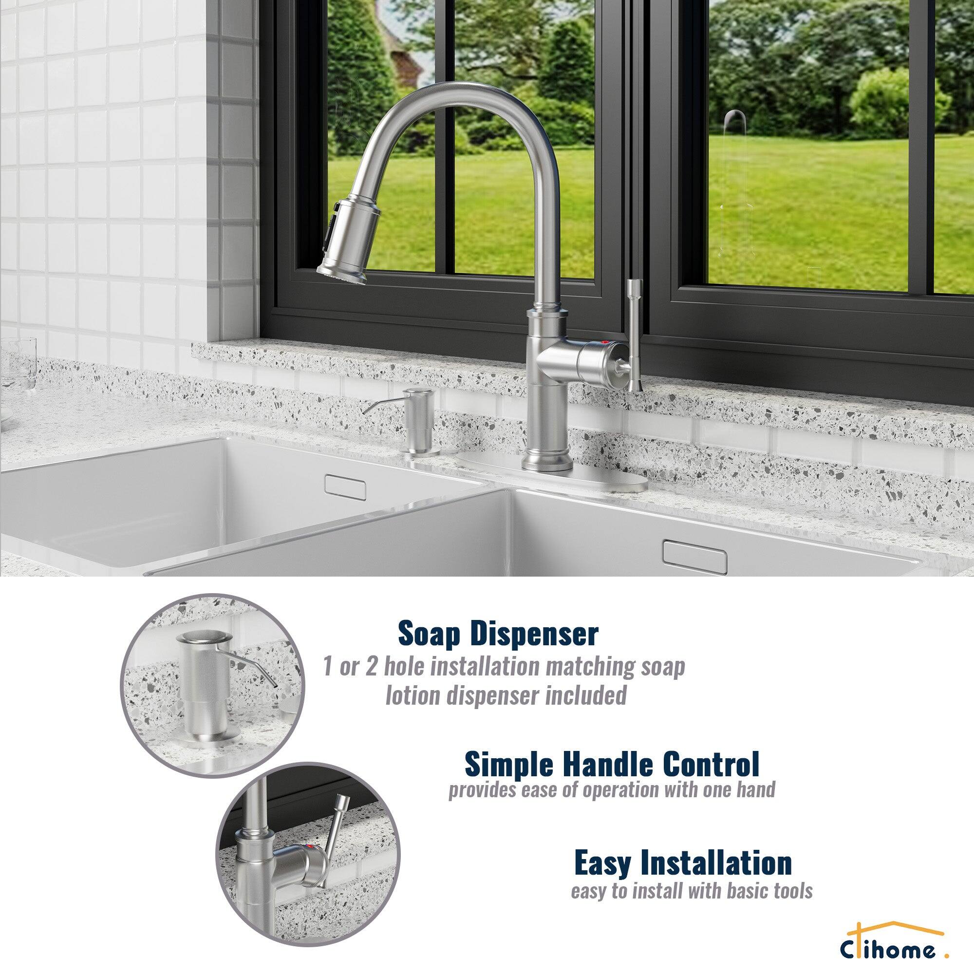 Soap Dispenser: 1 or 2 hole installation matching soap lotion dispenser included

Simple Handle Control: provides ease of operation with one hand

Easy Installation: easy to install with basic tools

Cihome