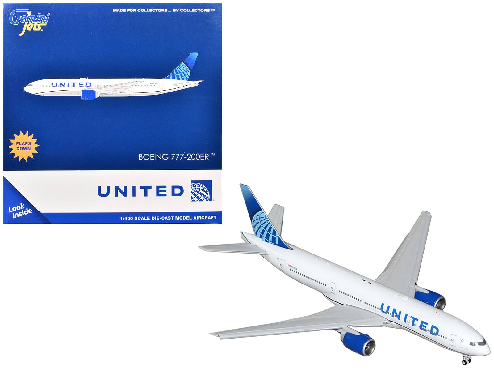 Gemini Jets. MADE FOR COLLECTORS... BY COLLECTORS™  
UNITED FLAPS DOWN™  
BOEING 777-200ER  
Look Inside  
UNITED  
1:400 SCALE DIE-CAST MODEL AIRCRAFT