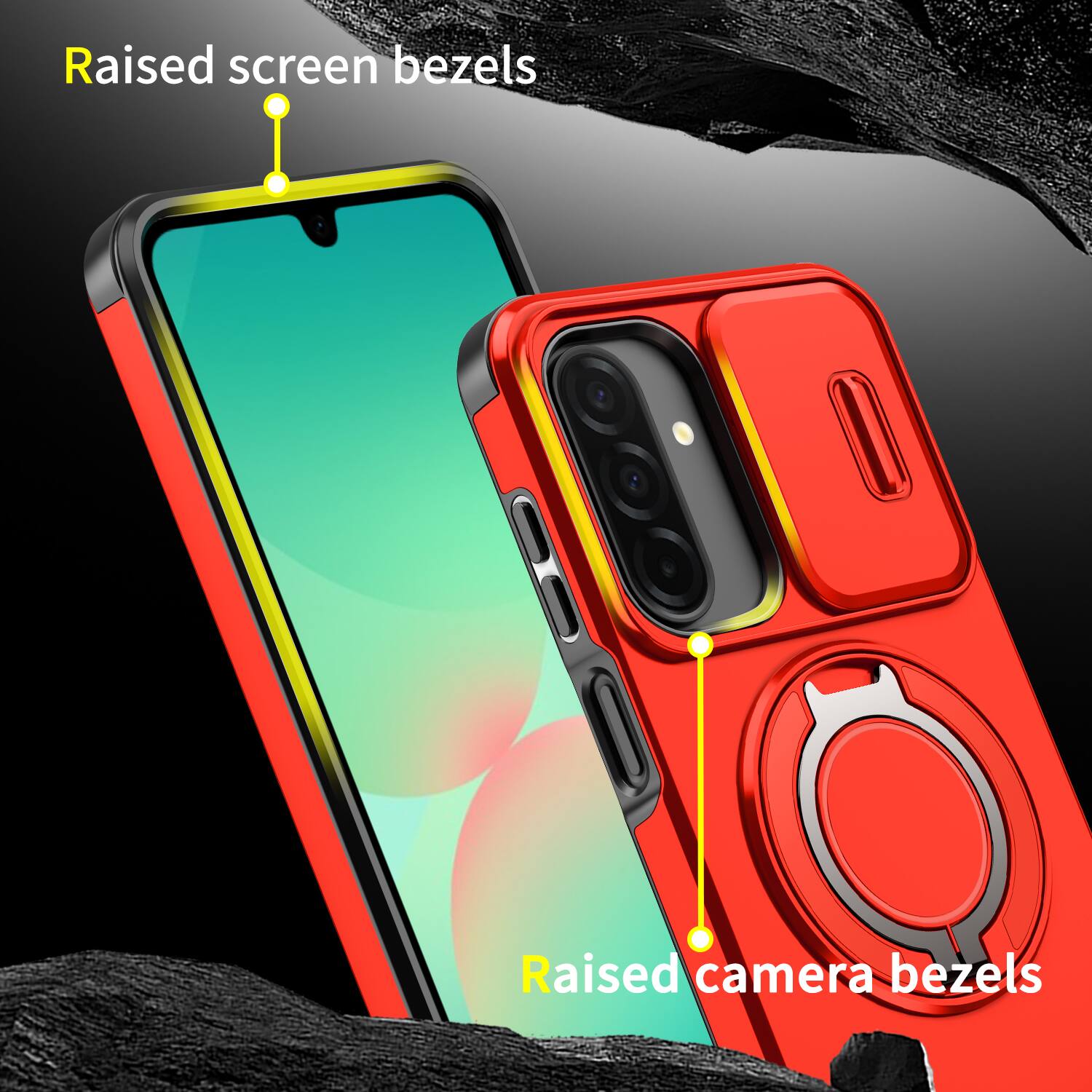 Raised screen bezels  
Raised camera bezels