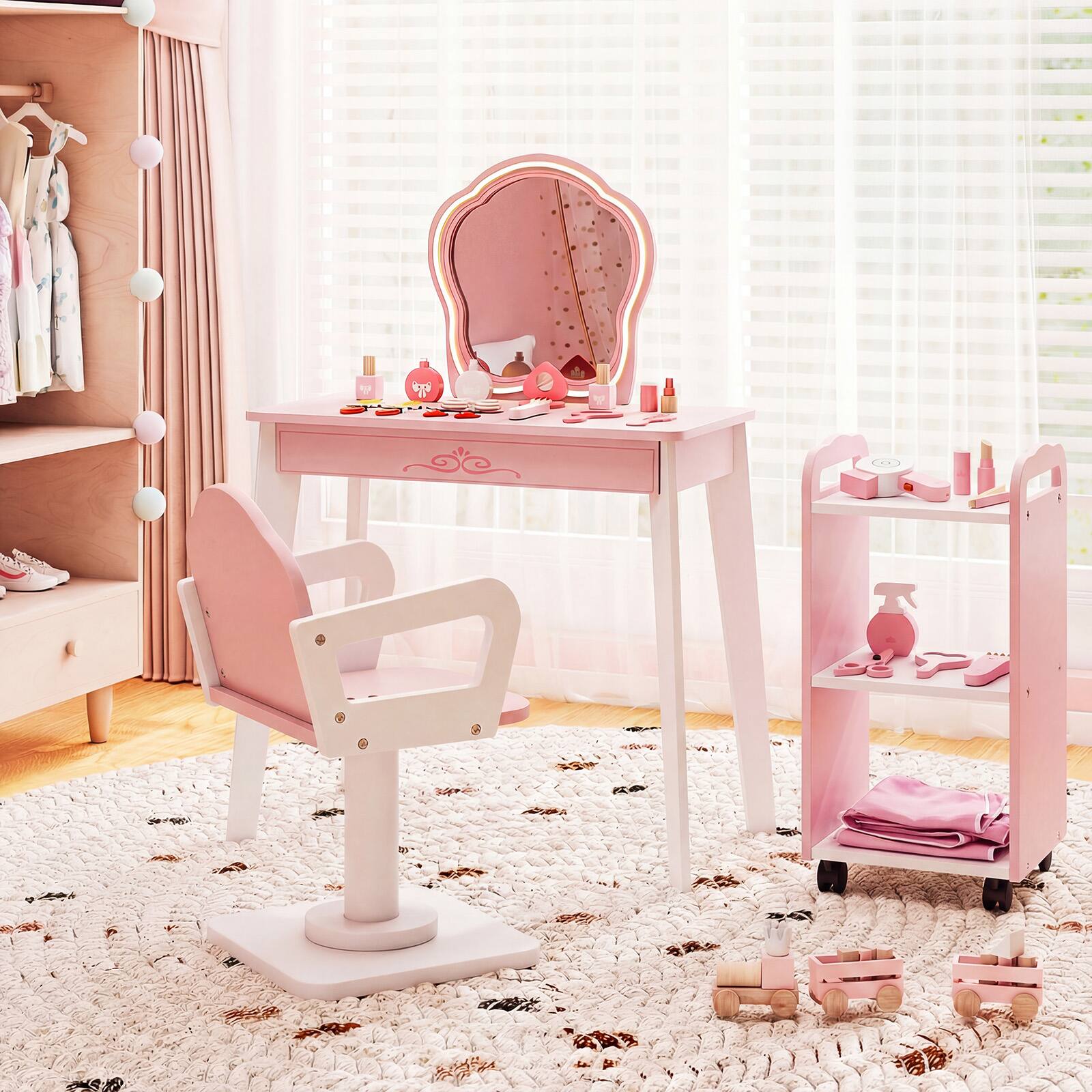 Alt View 1. Costway - Costway Kids Hair Salon Play Set with LED Lighted Mirror, Swivel Barber Chair, Rolling Cart - Light Pink.