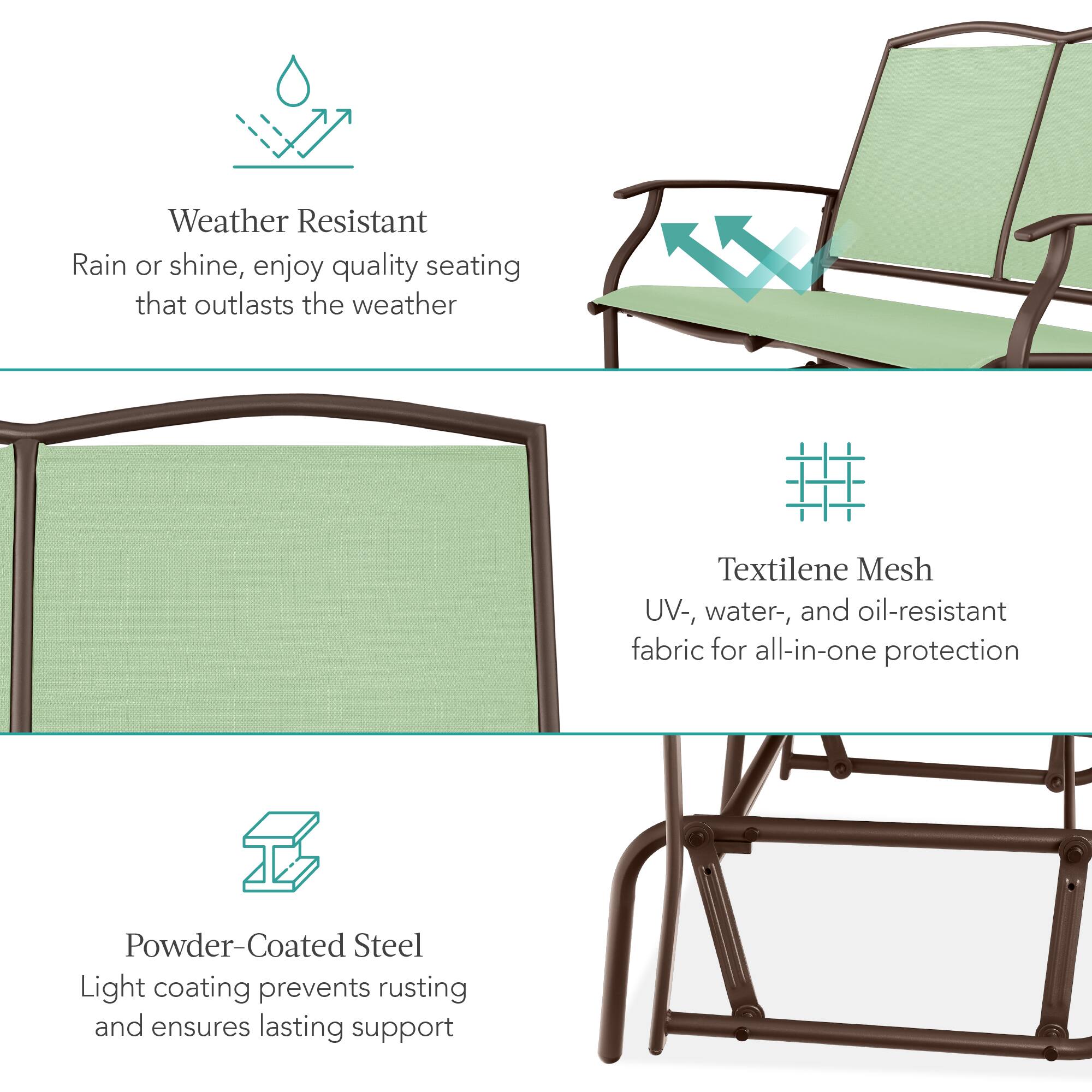 Weather Resistant  
Rain or shine, enjoy quality seating that outlasts the weather  

Textilene Mesh  
UV-, water-, and oil-resistant fabric for all-in-one protection  

Powder-Coated Steel  
Light coating prevents rusting and ensures lasting support